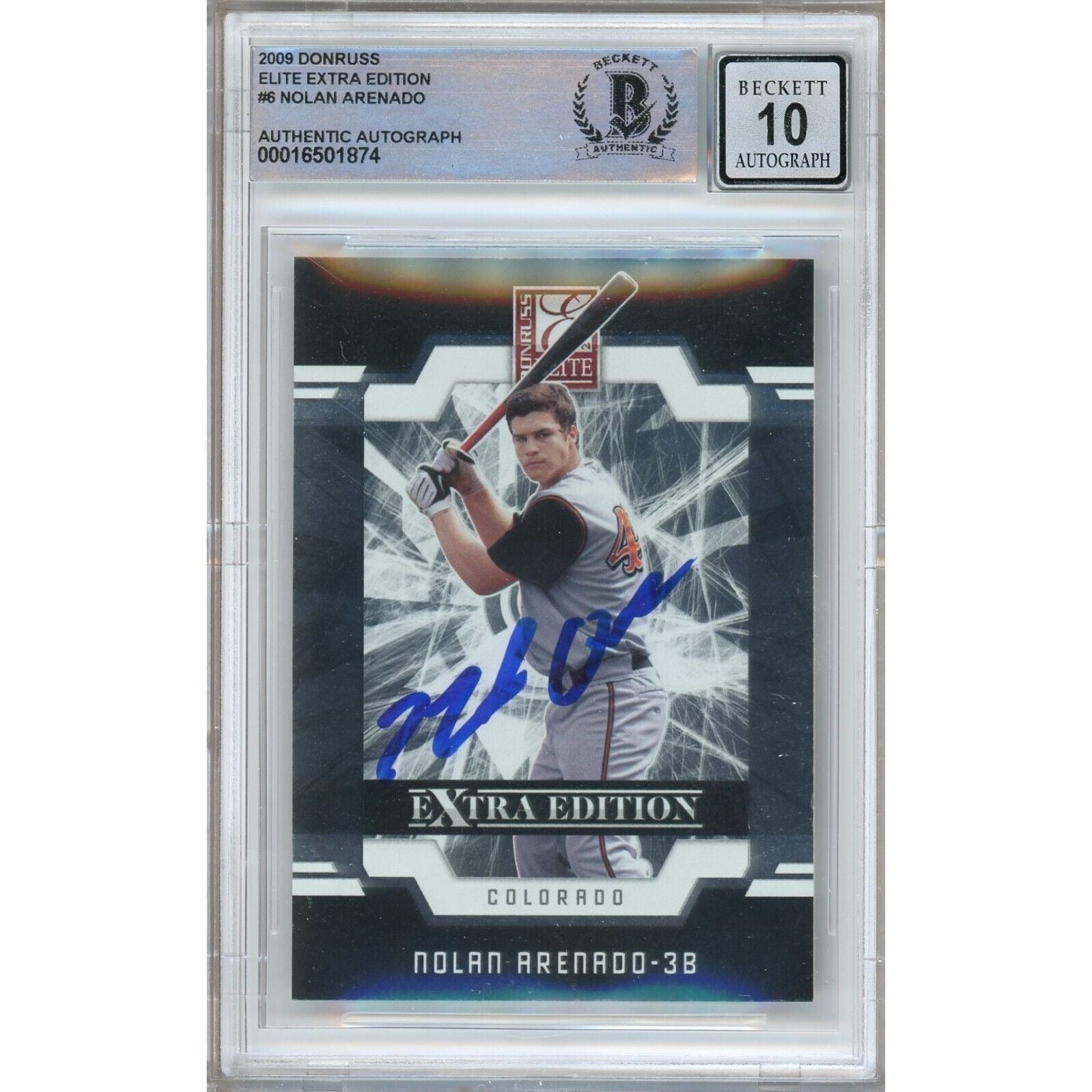 Baseballs- Autographed- Nolan Arenado St Louis Cardinals Signed 2008 Donruss Elite Edition Rookie Baseball Card Beckett Authentic BGS Auto-10 Graded Slab Front