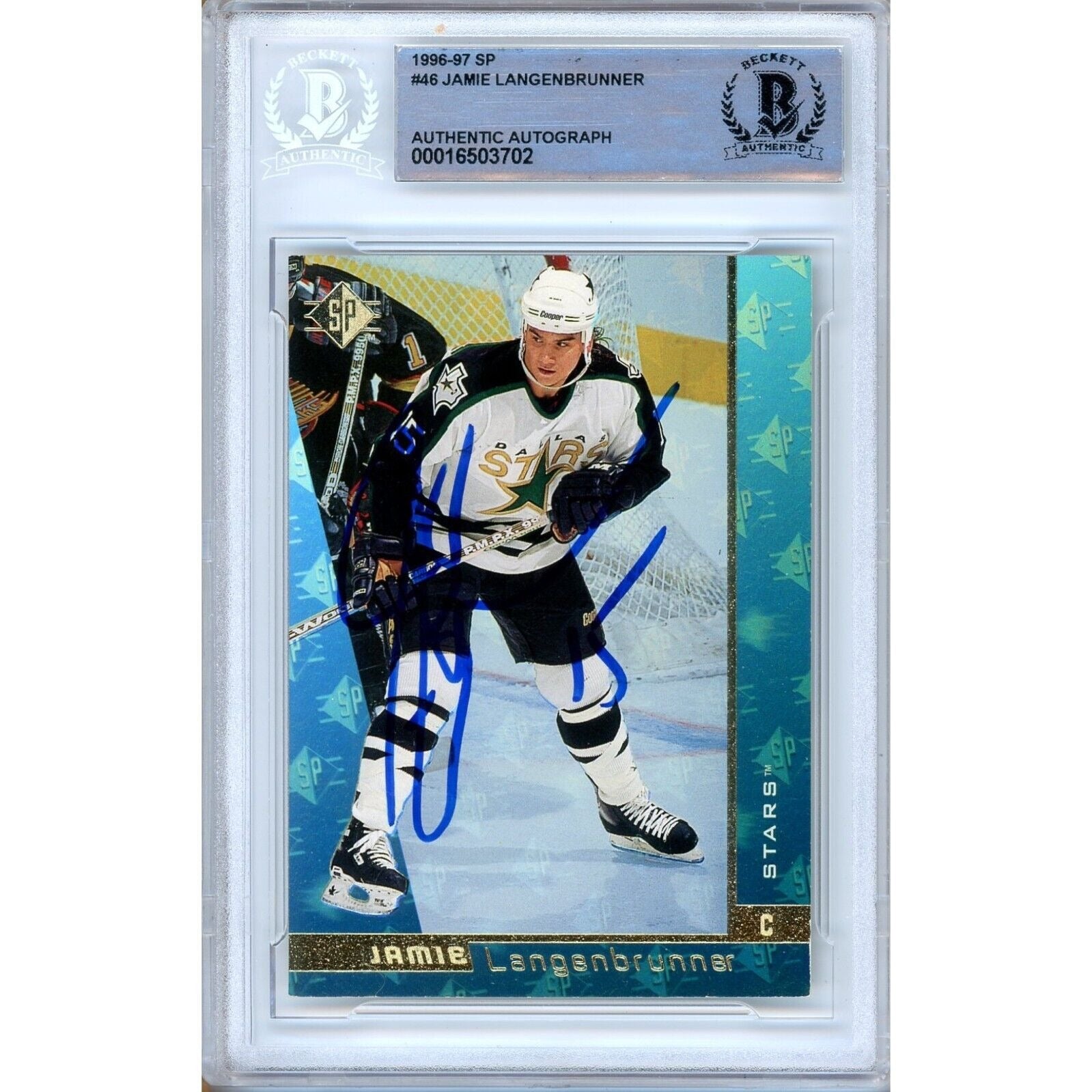 Hockey- Autographed- Jamie Langenbrunner Dallas Stars Signed 1996-97 Upper Deck SP Hockey Card Beckett Authentic Auto Slab Front