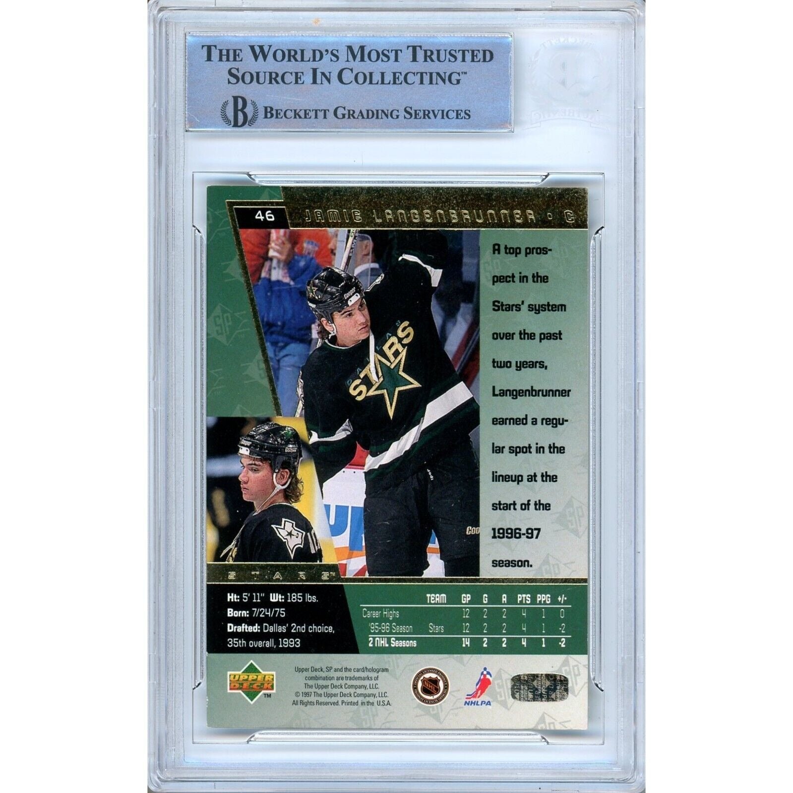 Hockey- Autographed- Jamie Langenbrunner Dallas Stars Signed 1996-97 Upper Deck SP Hockey Card Beckett Authentic Auto Slab Back