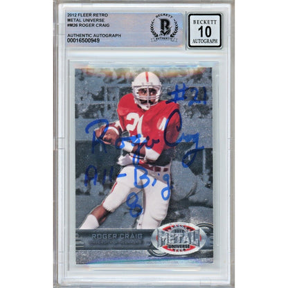 Footballs- Autographed- Roger Craig Nebraska Cornhuskers Signed 2012 Fleer Retro Metal Universe Trading Card Beckett Authentic BGS Auto-10 Graded Slab Front