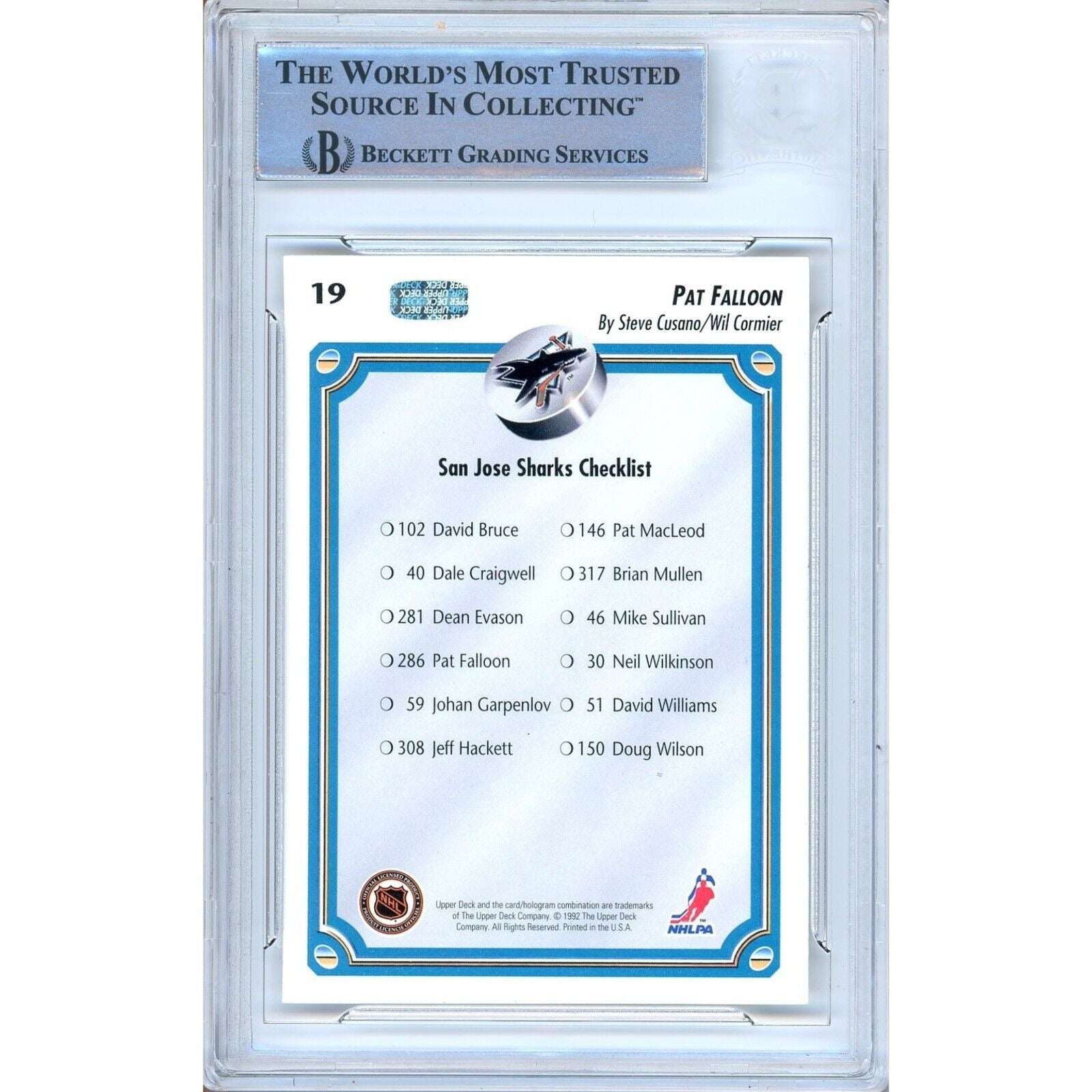 Hockey- Autographed- Pat Falloon San Jose Sharks Signed 1992-93 Upper Deck Hockey Card Beckett Authentic Auto Slab Back