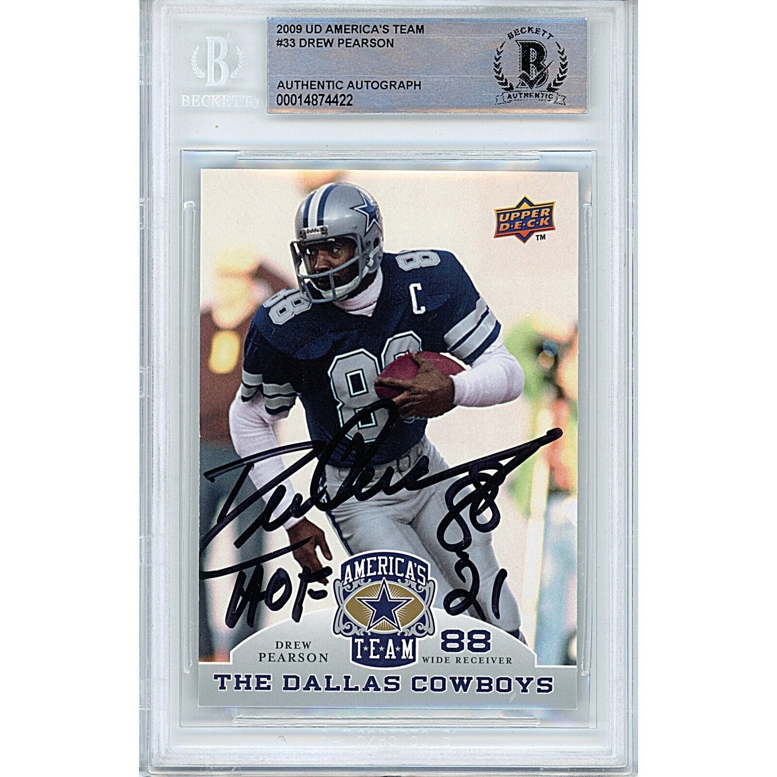 Footballs- Autographed- Drew Pearson Dallas Cowboys Signed 2009 Upper Deck Americas Team Football Card Beckett Authentic Auto Slab Front