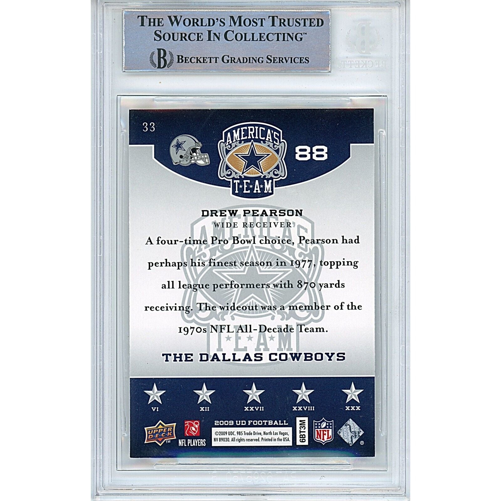 Drew Pearson Dallas Cowboys signed trading card – signature close-up – Beckett COA