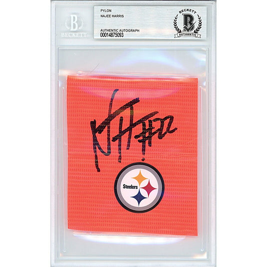 Footballs- Autographed- Najee Harris Pittsburgh Steelers Signed Football End Zone Pylon Signature Cut Beckett Authentic Auto Slab Front