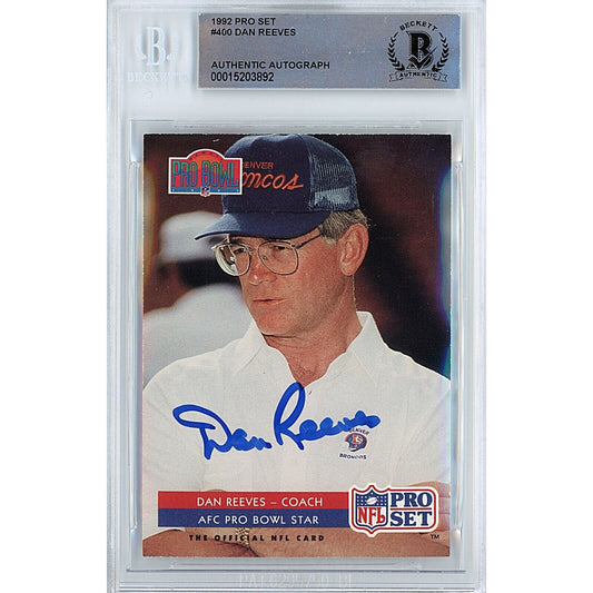 Footballs- Autographed- Dan Reeves Denver Broncos Signed 1992 Pro Set Pro Bowl Football Card Beckett Authentic Auto Slab Front