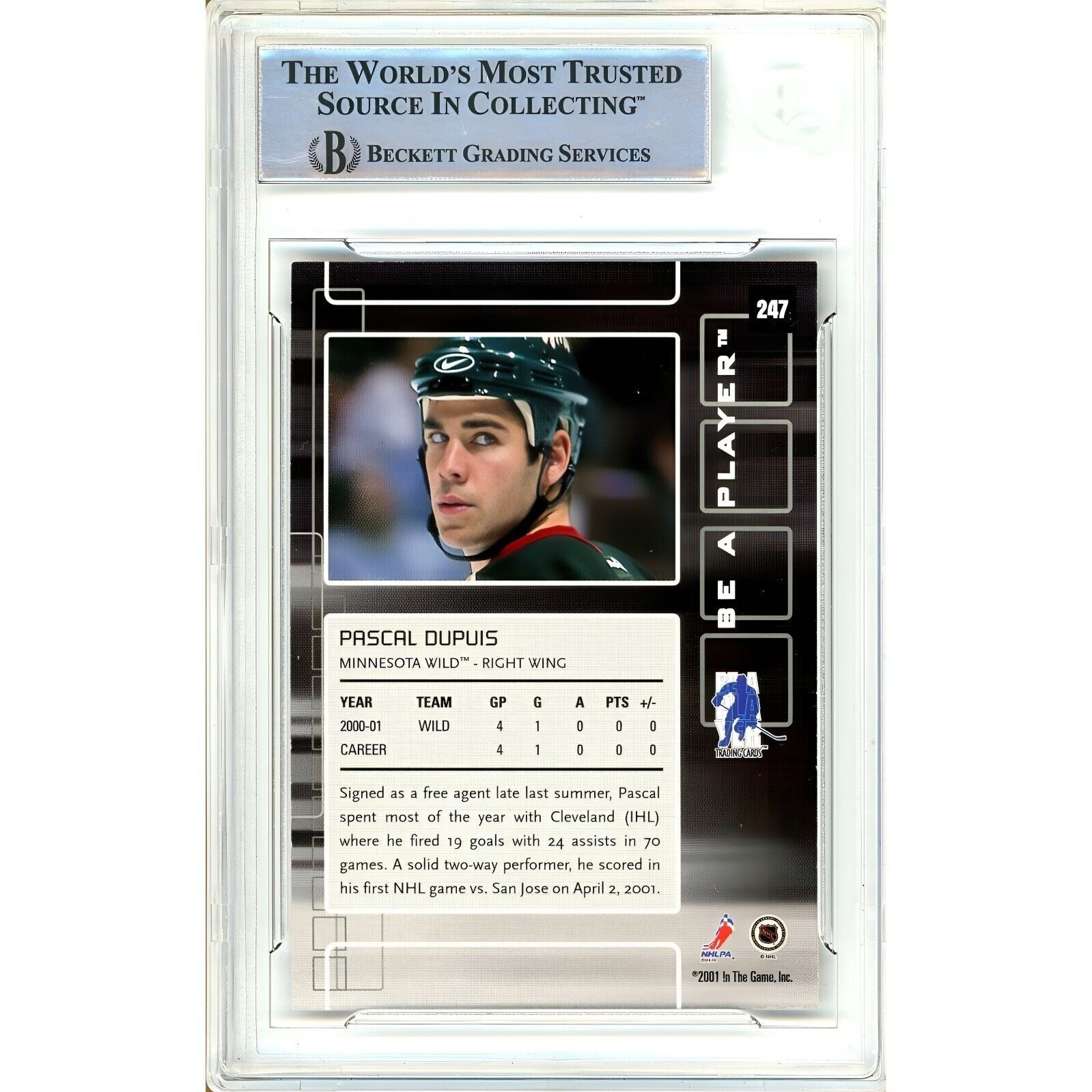 Hockey- Autographed- Pascal Dupuis Minnesota Wild Signed 2001-02 BAP Be A Player Memorabilia Hockey Card Beckett Authentic Auto Slab Back