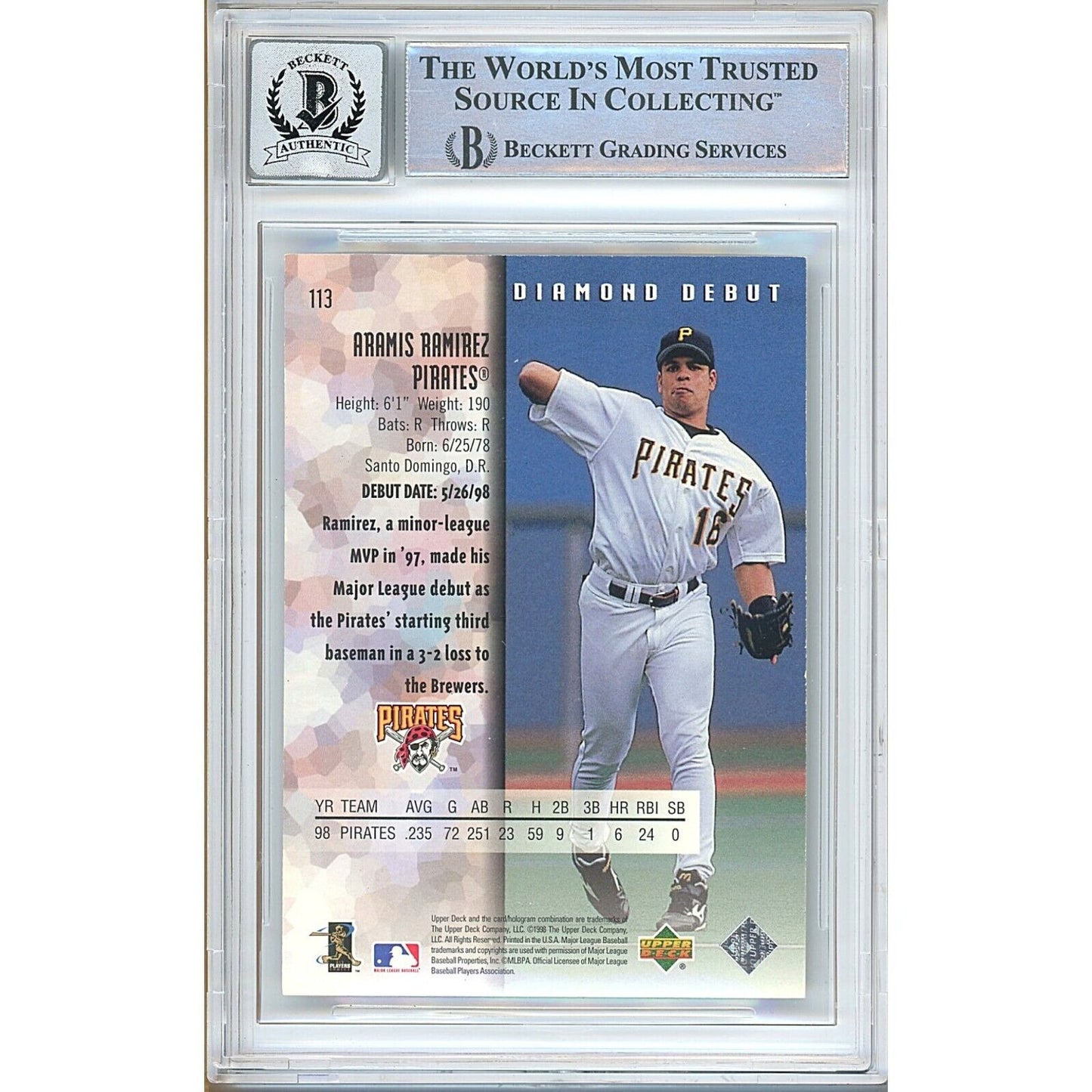 Baseballs- Autographed- Aramis Ramirez Pittsburgh Pirates Signed 1999 Upper Deck Black Diamond Baseball Card Beckett Authentic BGS Auto-10 Graded Slab Back