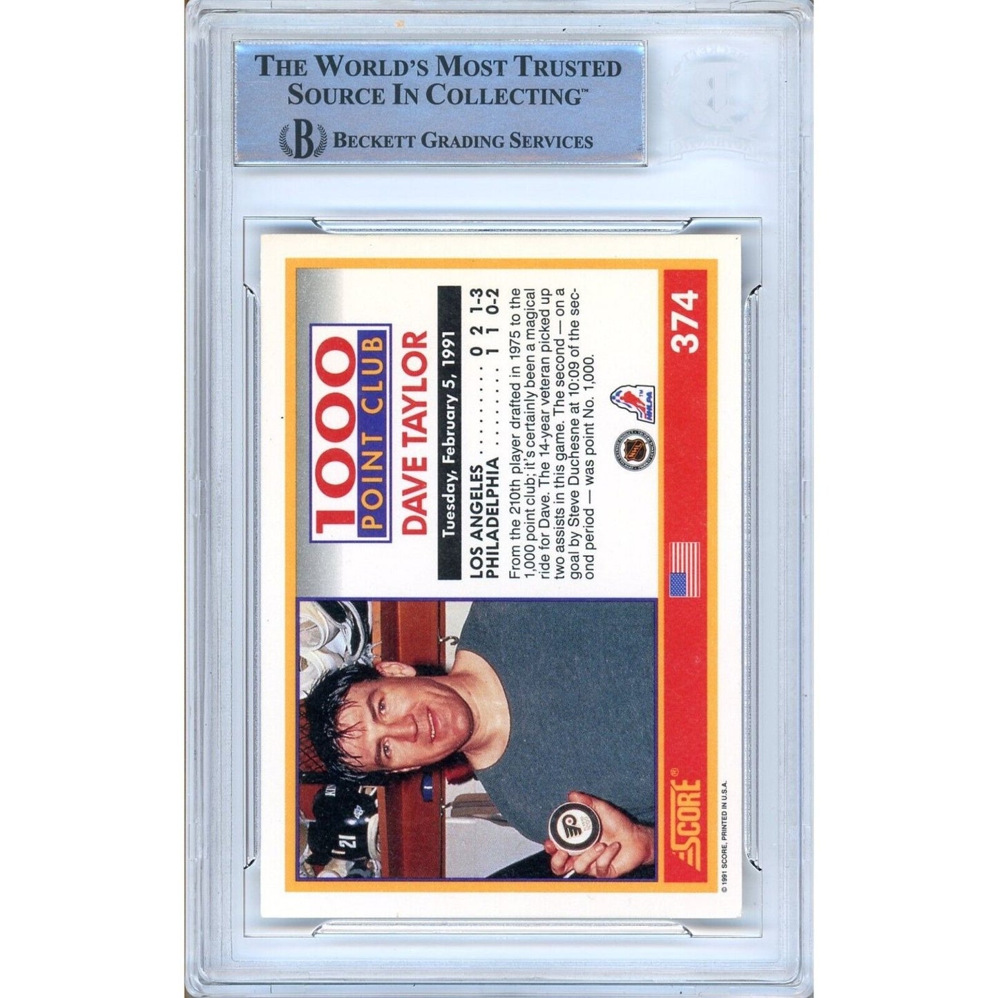 Hockey- Autographed- Dave Taylor Los Angeles Kings Signed 1991-92 Score American 1000 Point Club Hockey Card Beckett Authenticated Auto Slab Back