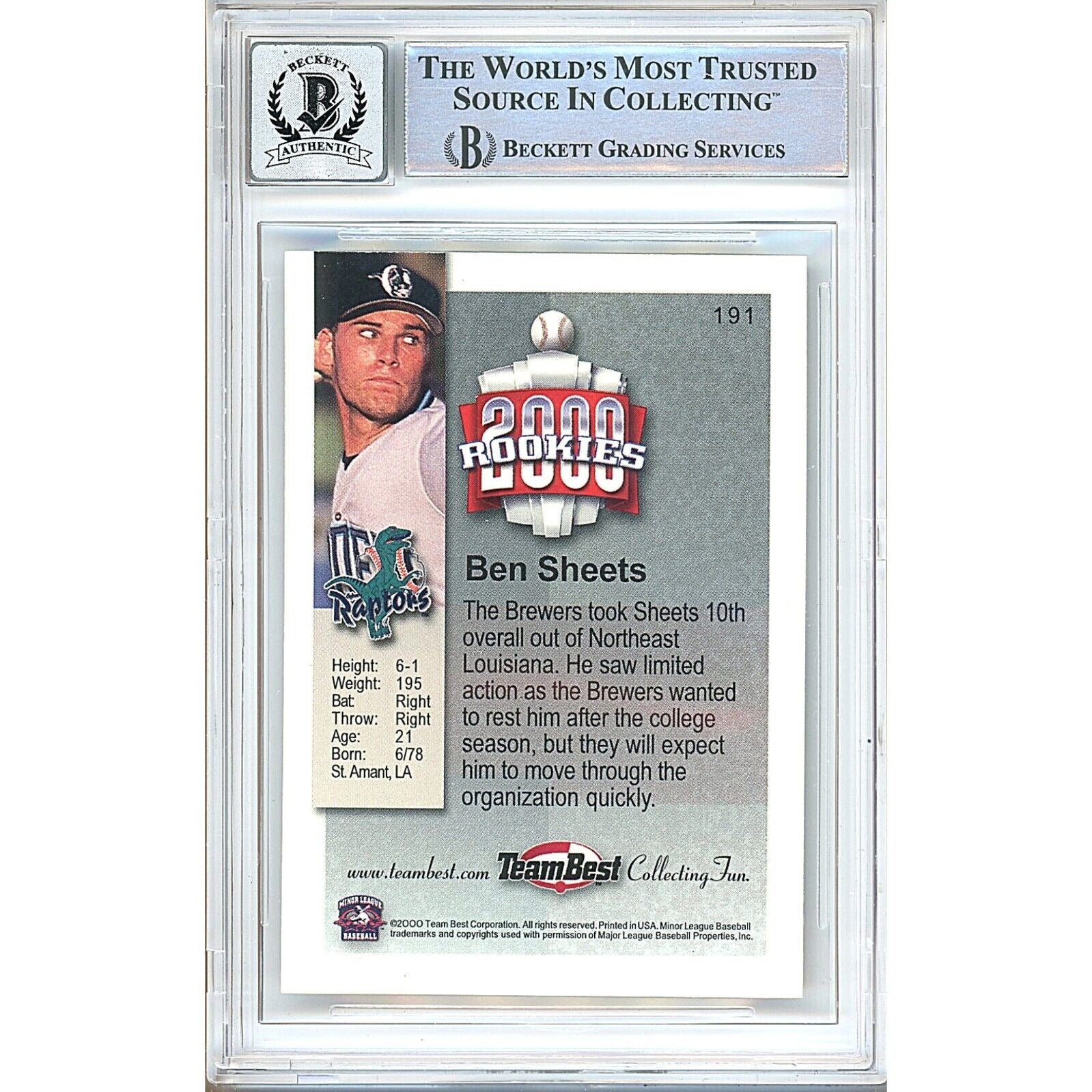 Baseballs- Autographed- Ben Sheets Milwaukee Brewers Signed 2000 Team Best Rookies Baseball Card Beckett Authentic BGS Auto-10 Graded Slab Back