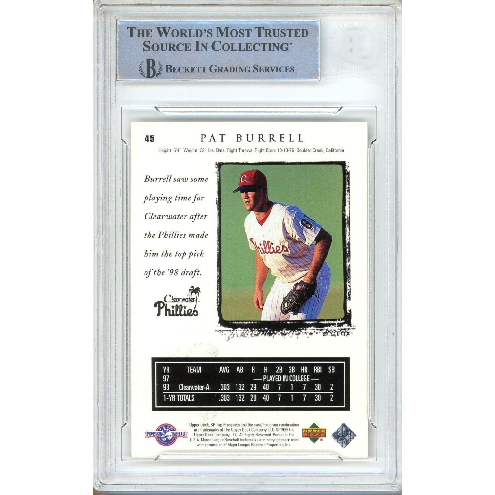 Baseballs- Autographed- Pat Burrell Philadelphia Phillies Signed 1999 Upper Deck SP Top Prospects Rookie Baseball Card Beckett Authentic Auto Slab Back