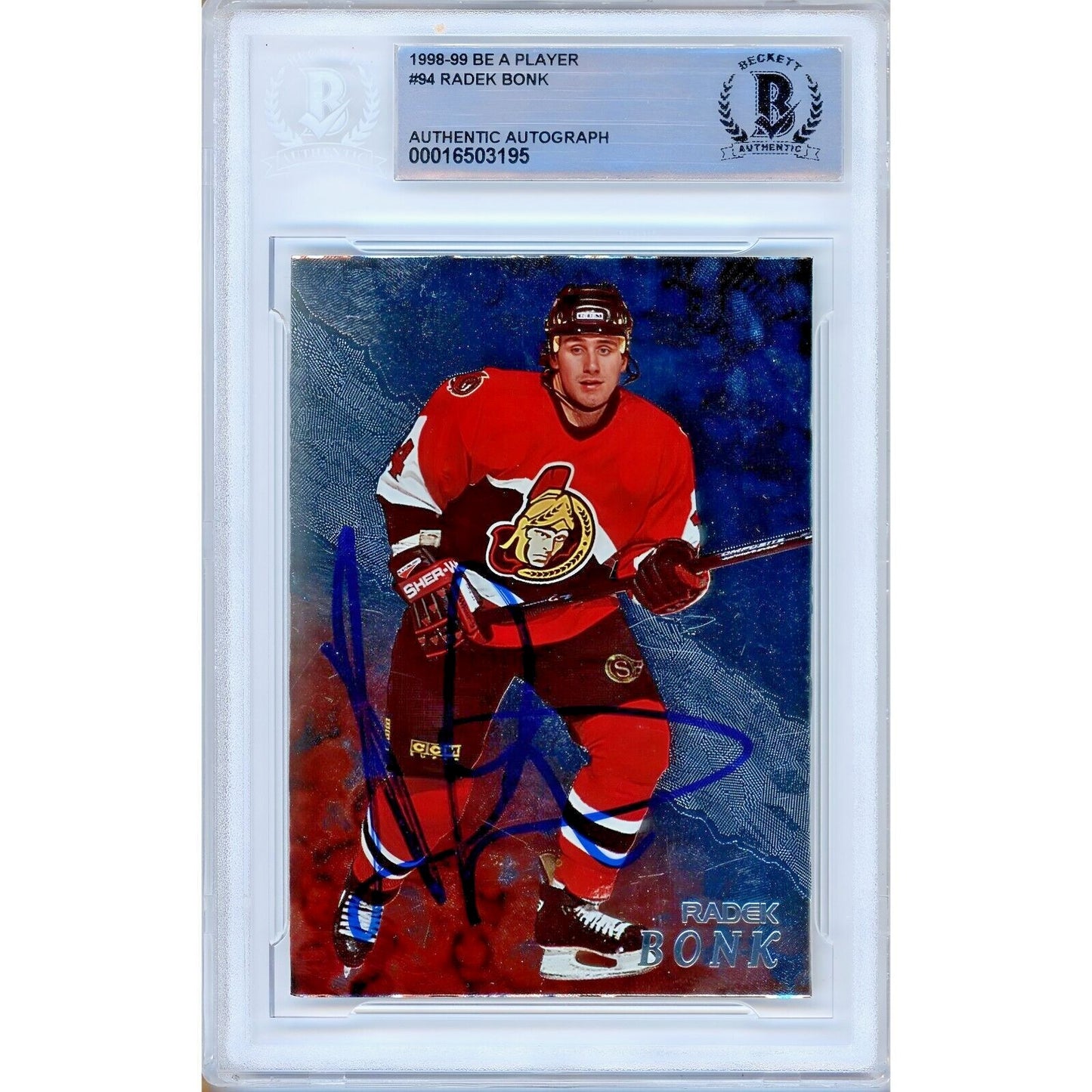 Hockey- Autographed- Radek Bonk Ottawa Senators Signed 1995-96 Be A Player Hockey Card Beckett Authentic Auto Slab Front