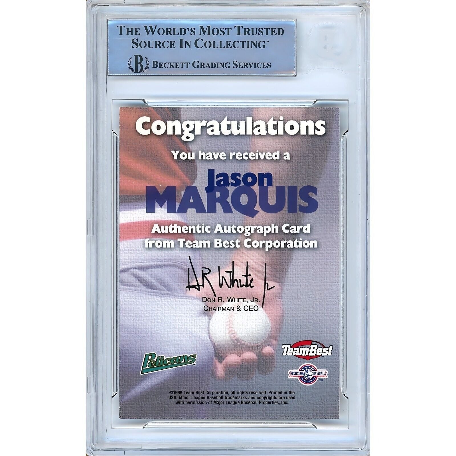 Baseballs- Autographed- Jason Marquis St Louis Cardinals Signed 1999 Team Best Autographs Baseball Card Beckett Authentic Auto Slab Back