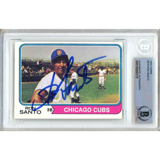 Baseballs- Autographed- Ron Santo Chicago Cubs Signed 1974 Topps Trading Card Beckett Authentic Auto Slab Front