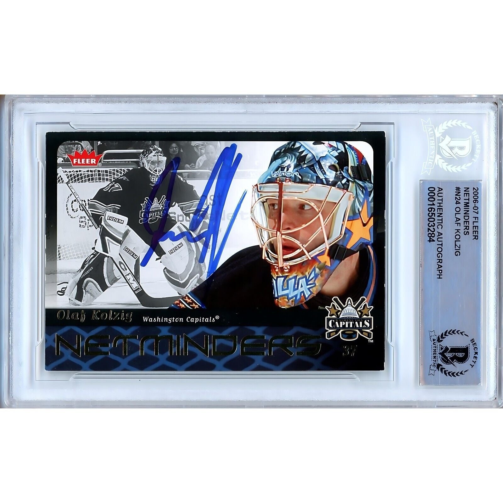 Hockey- Autographed- Olaf Kolzig Washington Capitals Signed 2006-07 Fleer Netminders Hockey Card Beckett Authentic Auto Slab Front