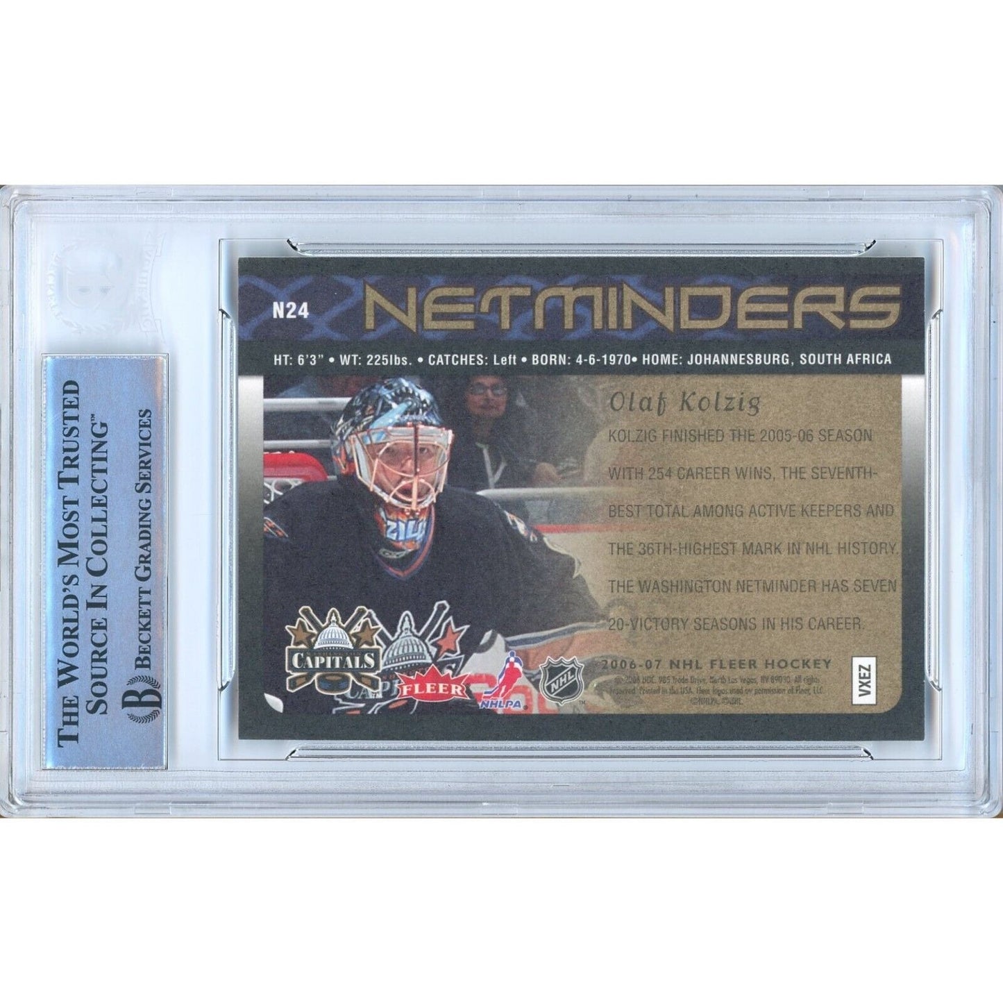 Hockey- Autographed- Olaf Kolzig Washington Capitals Signed 2006-07 Fleer Netminders Hockey Card Beckett Authentic Auto Slab Back