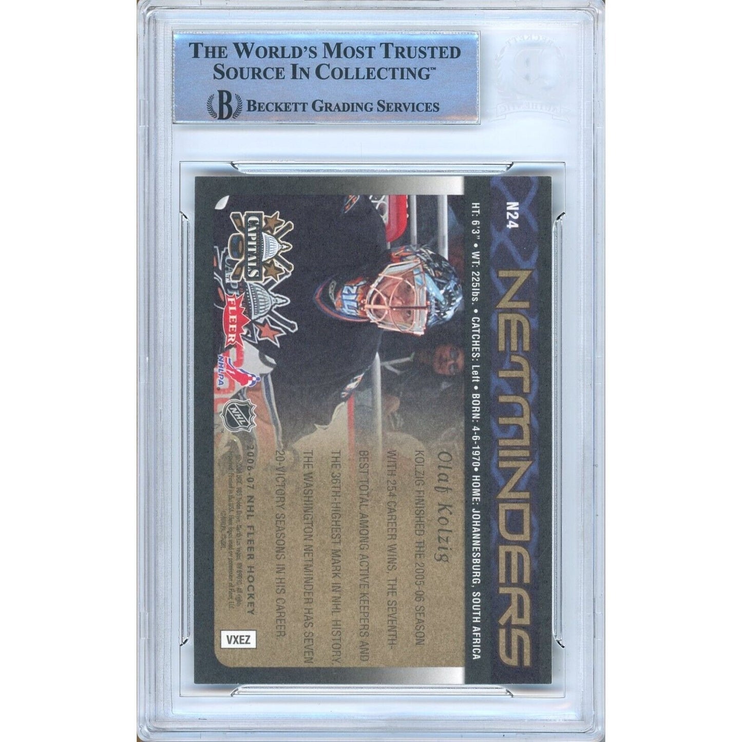 Hockey- Autographed- Olaf Kolzig Washington Capitals Signed 2006-07 Fleer Netminders Hockey Card Beckett Authenticated Auto Slab Back