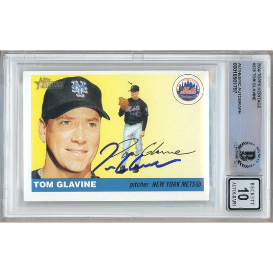 Baseballs- Autographed- Tom Glavine New York Mets Signed 2004 Topps Heritage Trading Card Beckett Authentic BGS Auto-10 Graded Slab Front