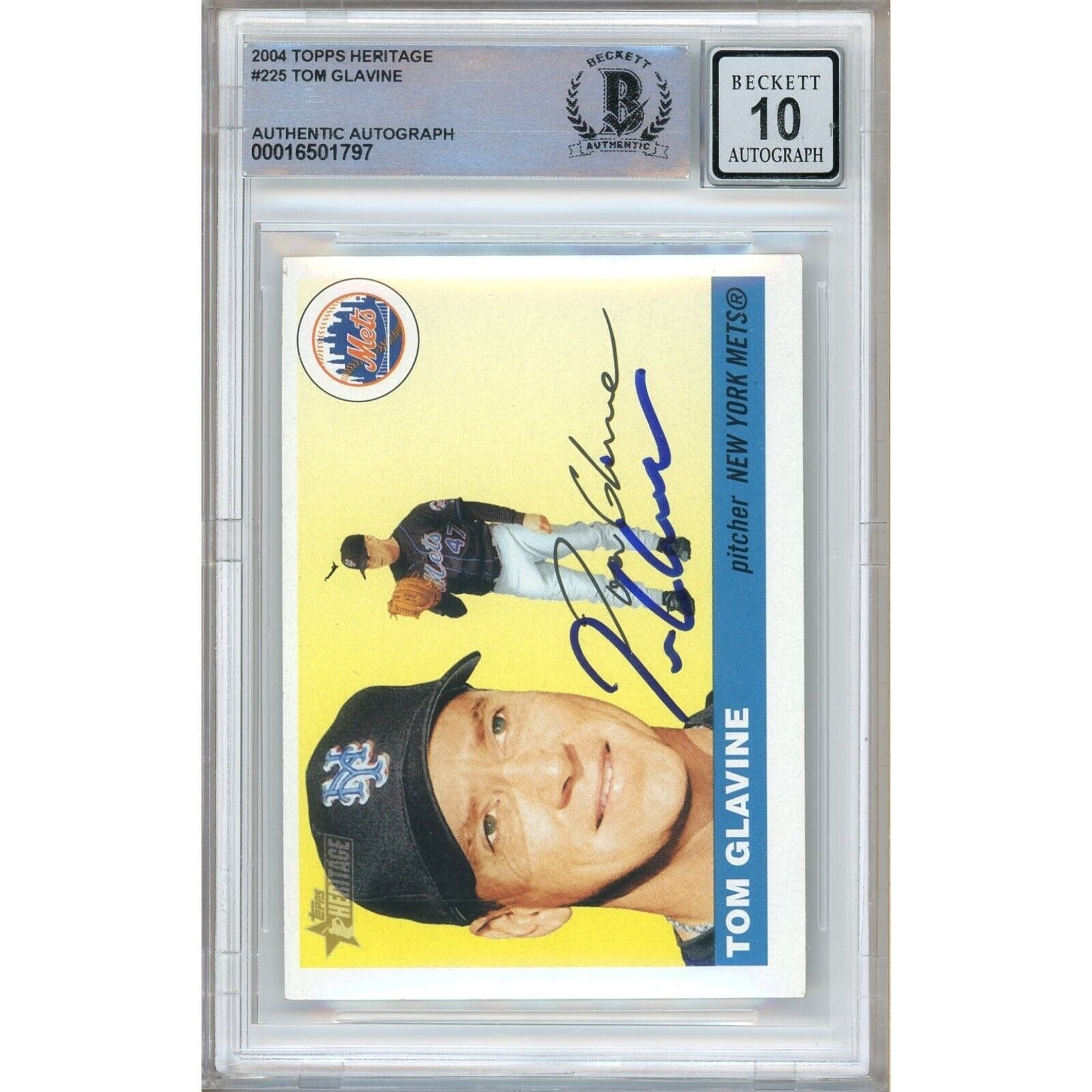 Baseballs- Autographed- Tom Glavine NY Mets Signed 2004 Topps Heritage Trading Card Beckett Authentic BGS Auto-10 Graded Slab Front