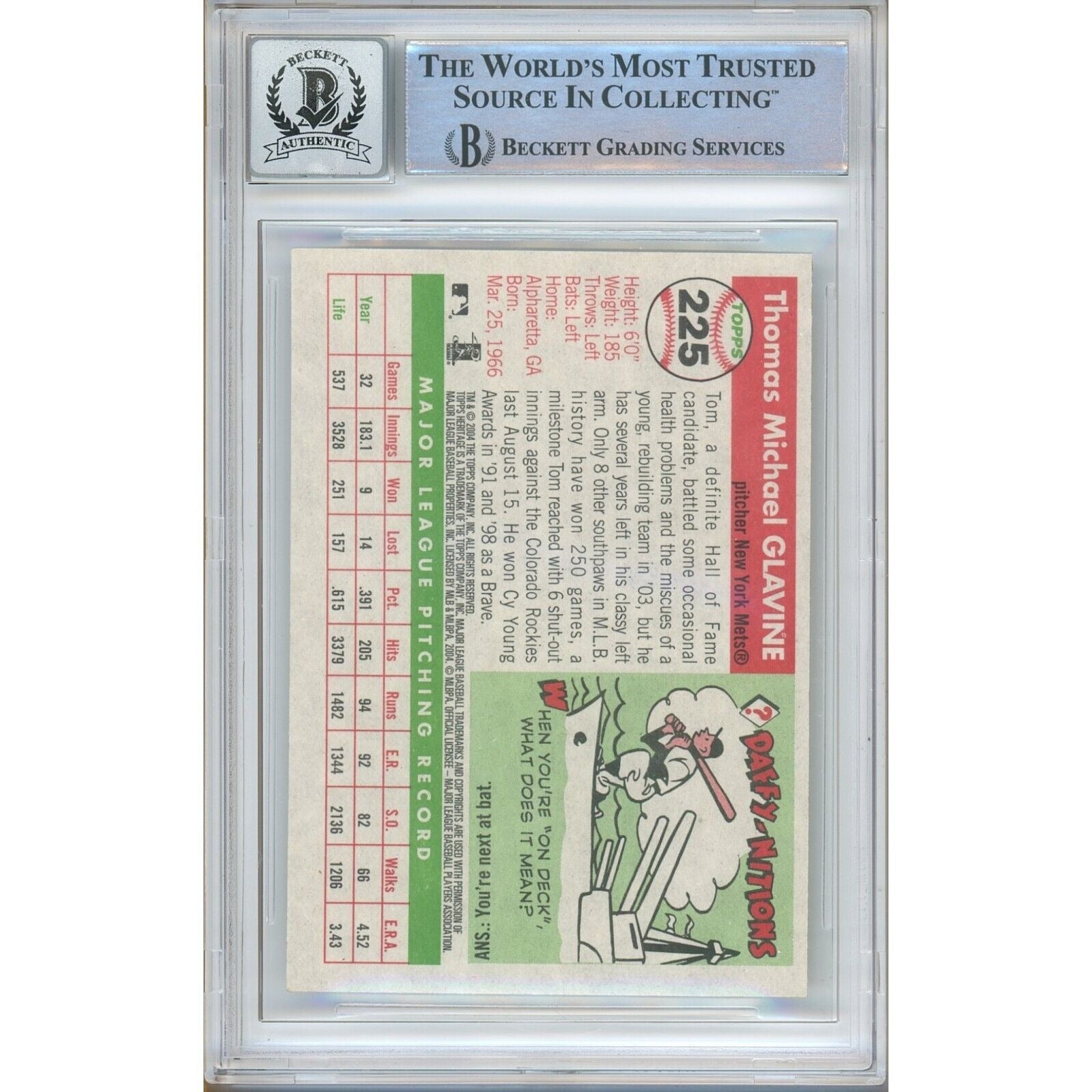 Tom Glavine New York Mets trading card autograph – angled display – Beckett COA