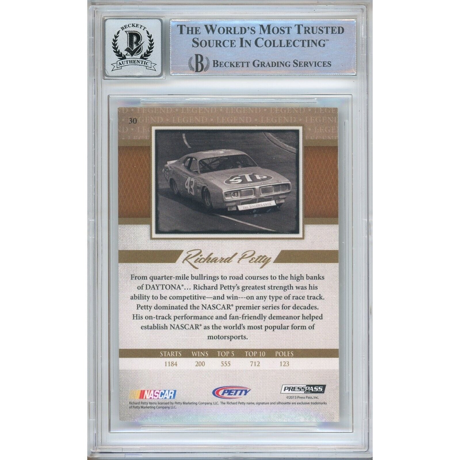 Nascar- Autographed- Richard Petty Signed 2013 Press Pass Legends Auto Racing Trading Card Beckett Authentic BGS Auto-10 Graded Slab Back