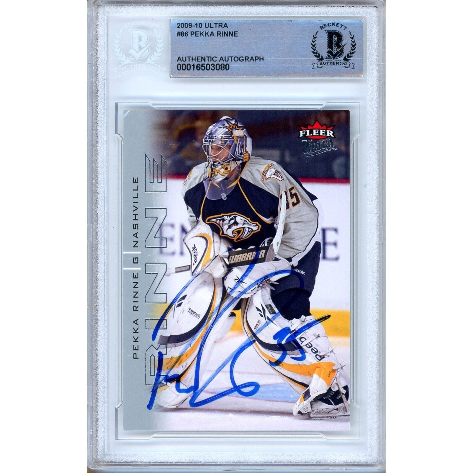 Hockey- Autographed- Pekka Rinne Nashville Predators Signed 2009-10 Fleer Ultra Hockey Card Beckett Authentic Auto Slab Front