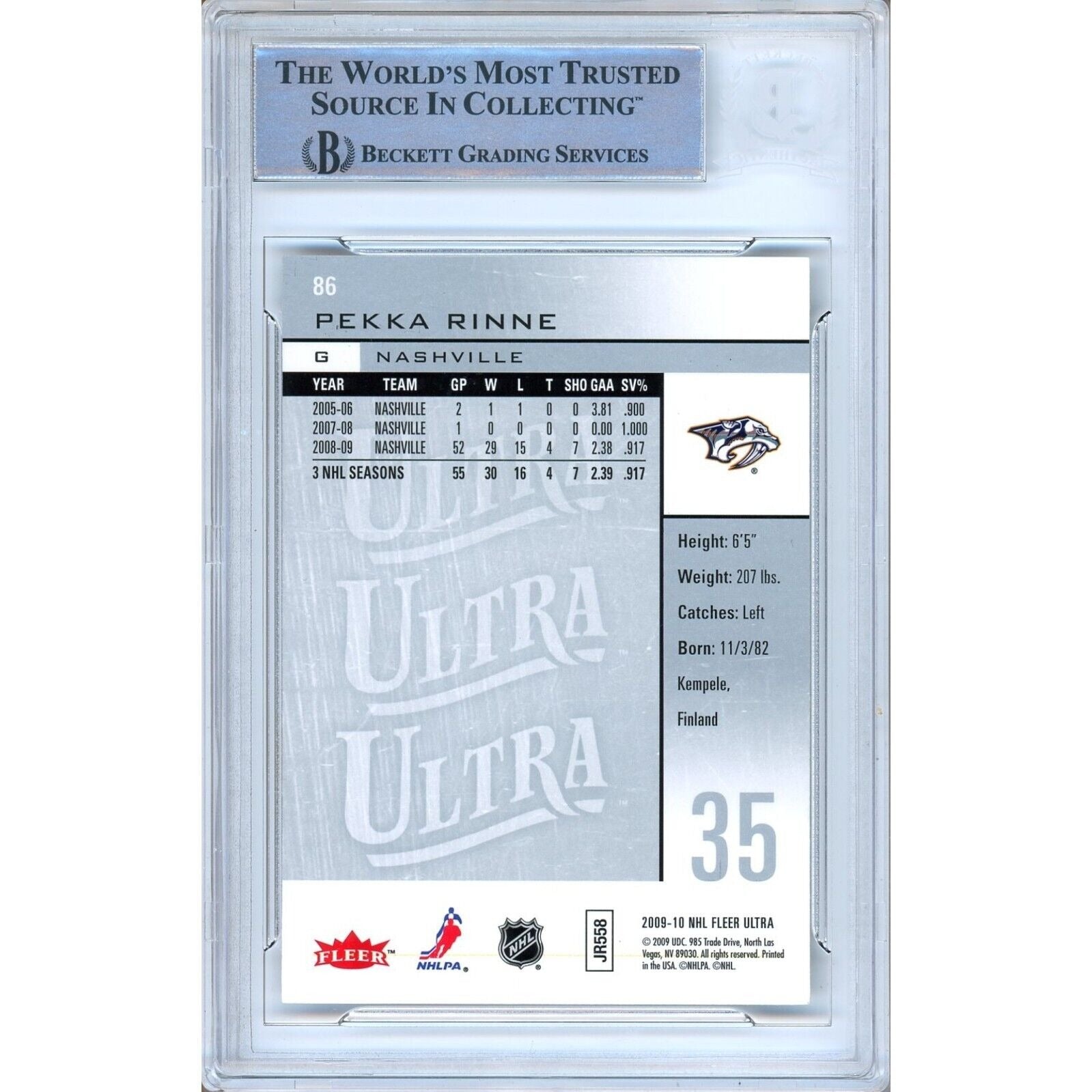 Hockey- Autographed- Pekka Rinne Nashville Predators Signed 2009-10 Fleer Ultra Hockey Card Beckett Authentic Auto Slab Back