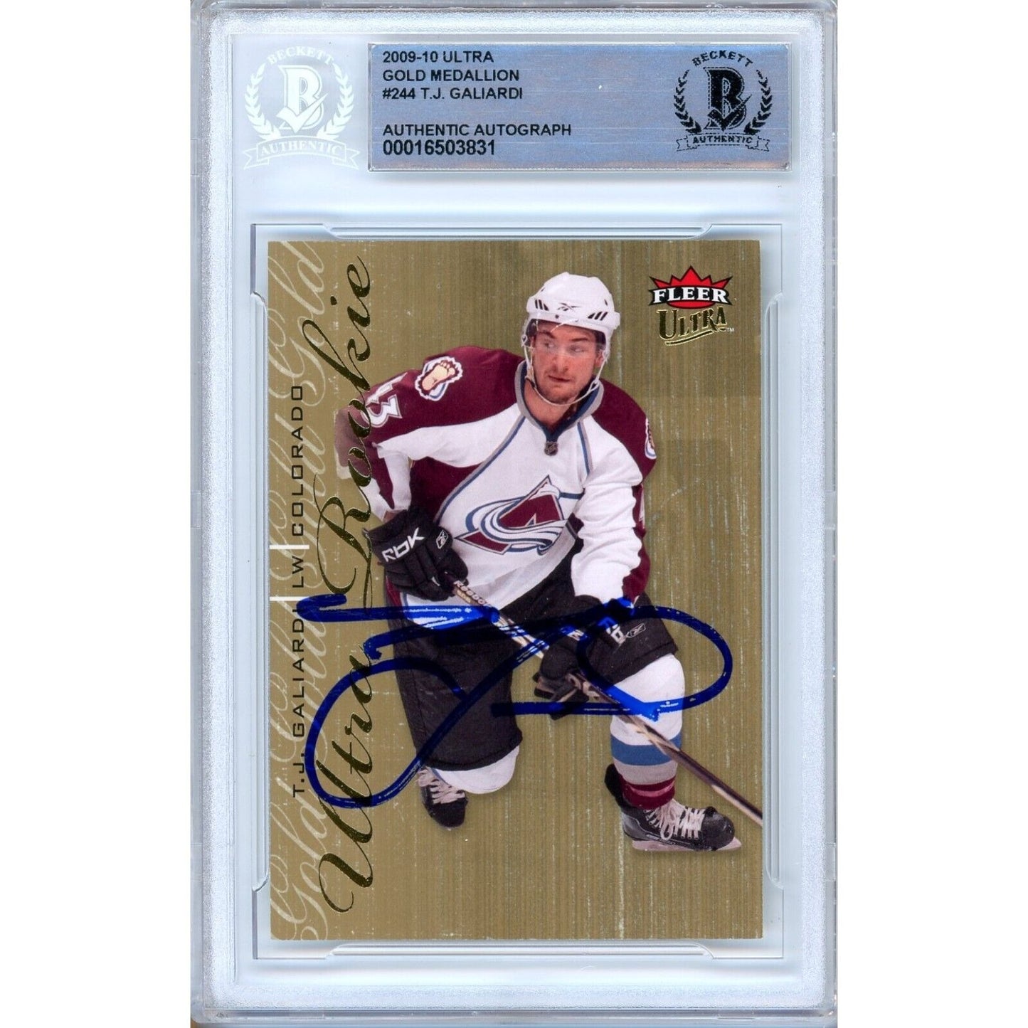 Hockey- Autographed- TJ Galiardi Colorado Avalanche Signed 2009-10 Fleer Ultra Gold Medallion Trading Card Beckett Authentic Auto Slab Front