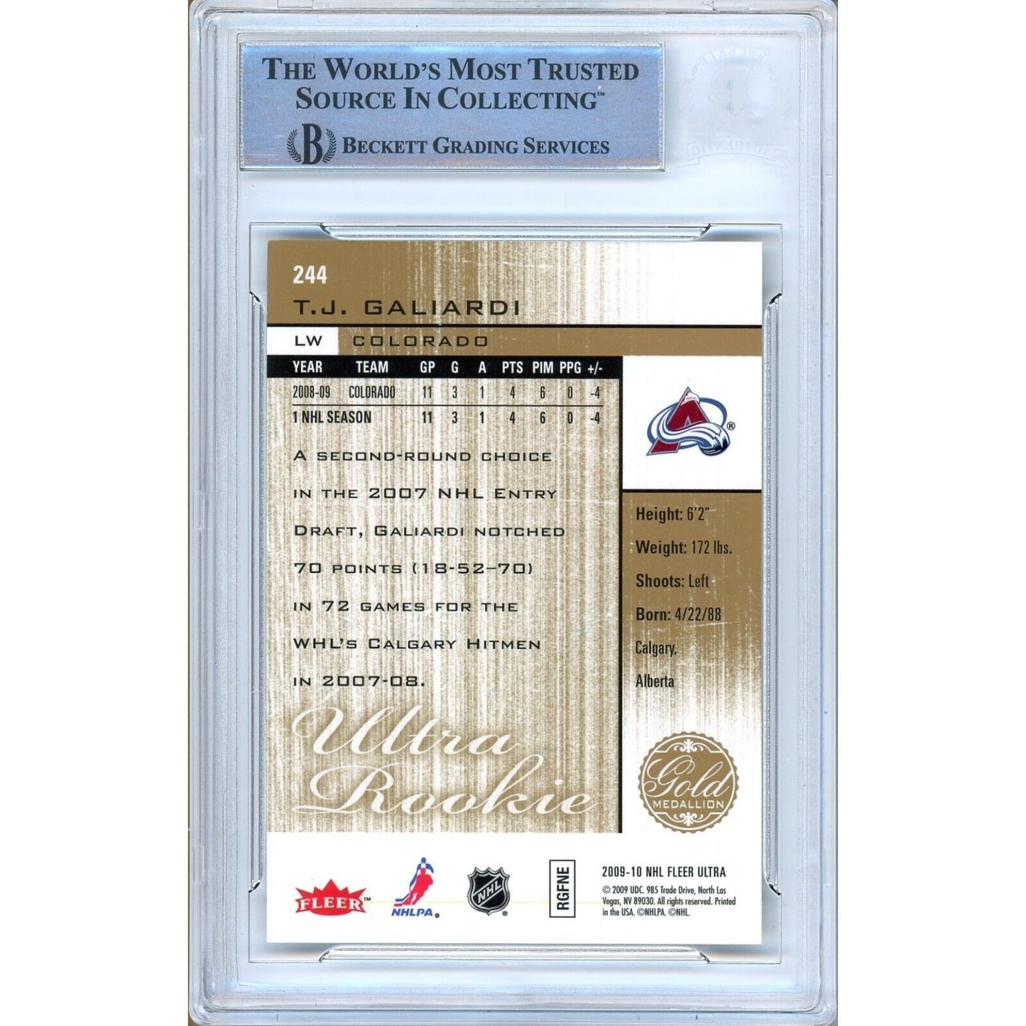 Hockey- Autographed- TJ Galiardi Colorado Avalanche Signed 2009-10 Fleer Ultra Gold Medallion Trading Card Beckett Authentic Auto Slab Back