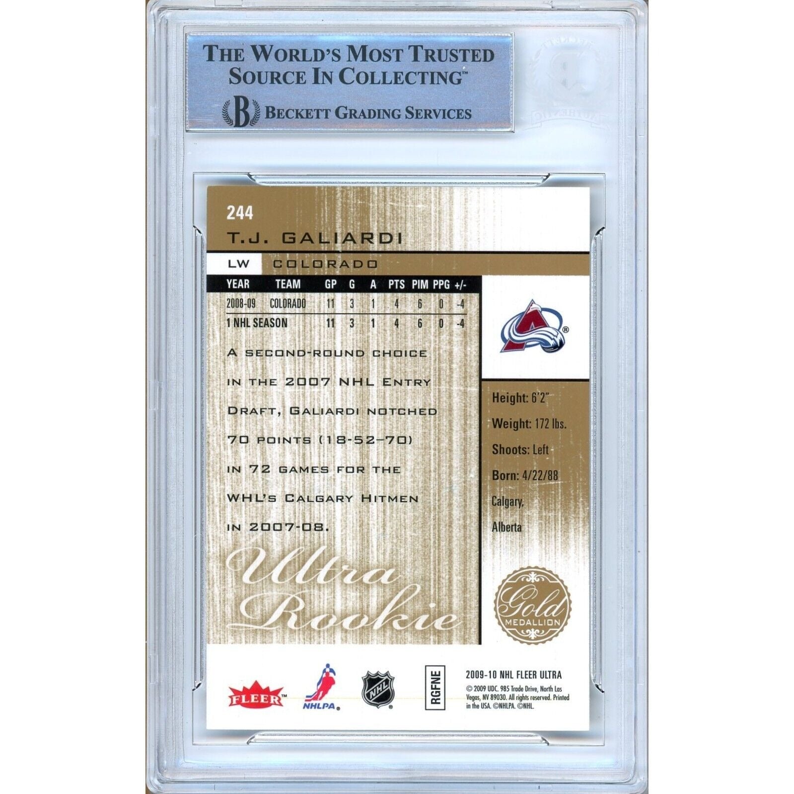 TJ Galiardi Colorado Avalanche signed trading card – signature close-up – Beckett COA