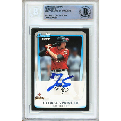 Baseballs- Autographed- George Springer Houston Astros Signed 2011 Bowman Draft Rookie Baseball Card Beckett Authentic Auto Slab Front