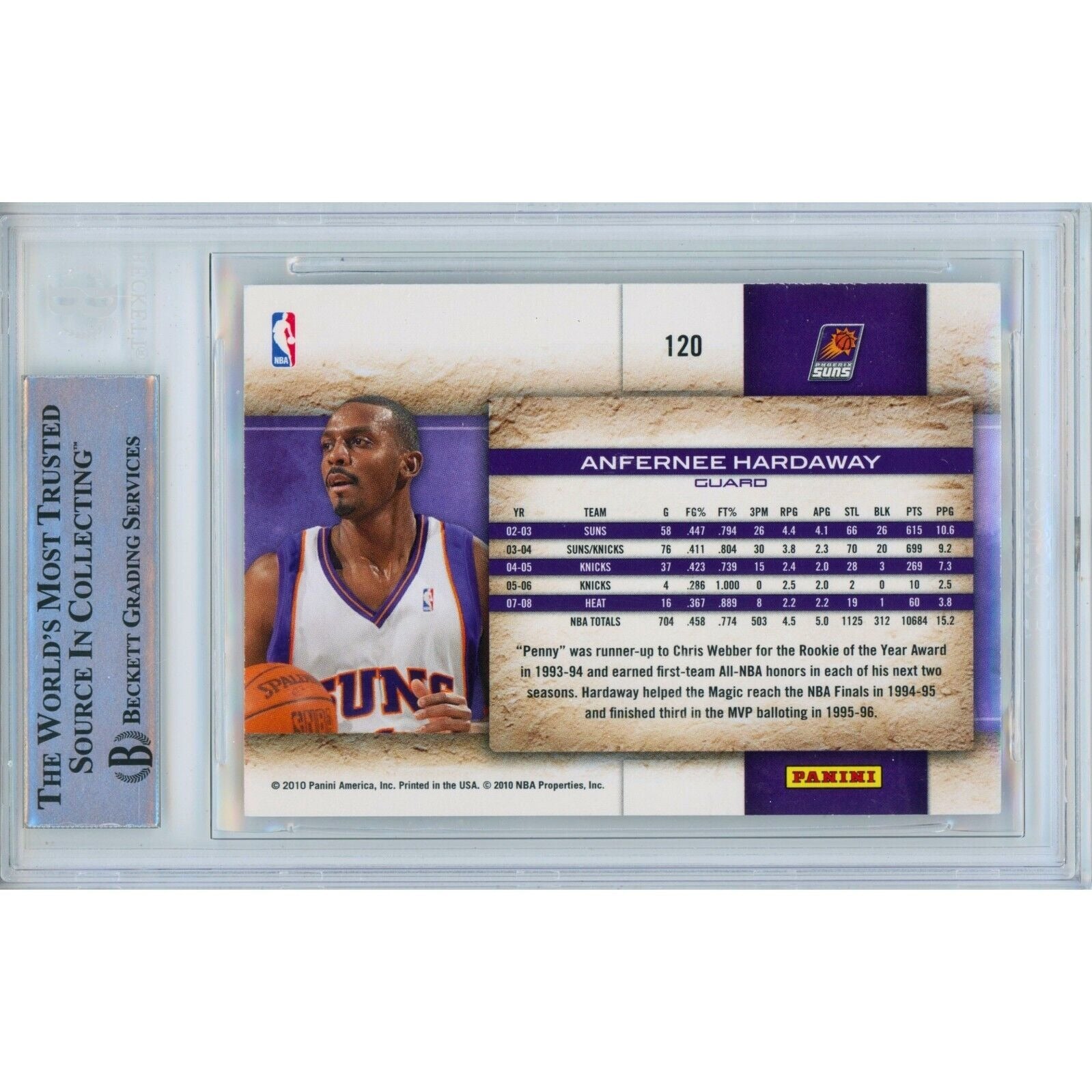 Basketballs- Autographed- Penny Hardaway Phoenix Suns Signed 1009-10 Panini Studio Basketball Card Beckett Authentic Auto Slab Back