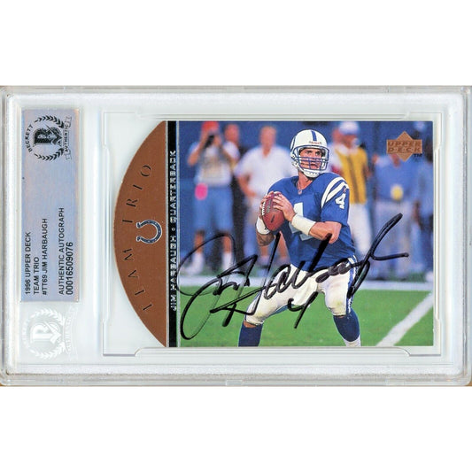 Footballs- Autographed- Jim Harbaugh Indianapolis Colts Signed 1996 Upper Deck Team Trios Football Card Beckett Authentic Auto Slab Front