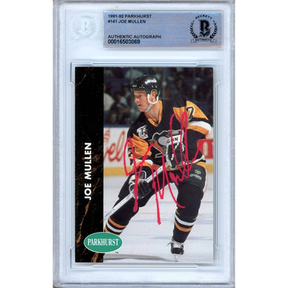 Hockey- Autographed- Joe Mullen Pittsburgh Penguins Signed 1991-92 Parkhurst Hockey Card Beckett Authentic Auto Slab Front