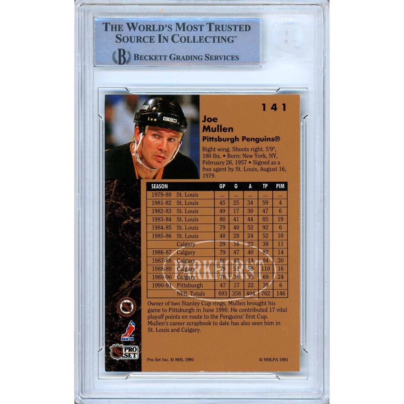 Joe Mullen Pittsburgh Penguins signed trading card – signature close-up – Beckett COA