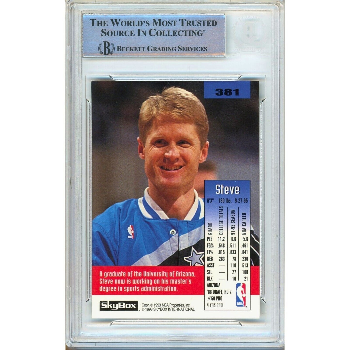 Basketballs- Autographed- Steve Kerr Orlando Magic Signed 1992-93 Skybox Trading Card Beckett Authentic Auto Slab Back