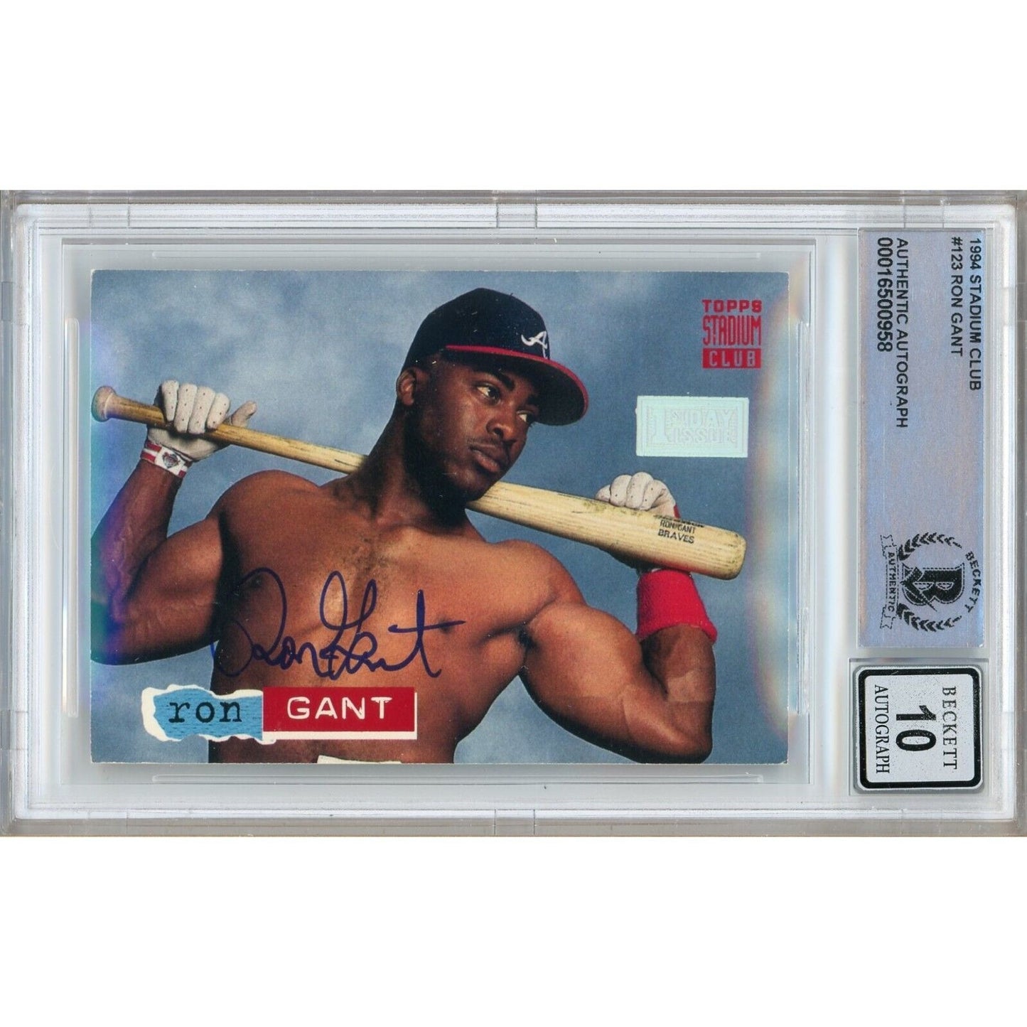 Baseballs- Autographed- Ron Gant Atlanta Braves Signed 1994 Stadium Club First Day Issue Trading Card Beckett Authentic BGS Auto-10 Graded Slab Front