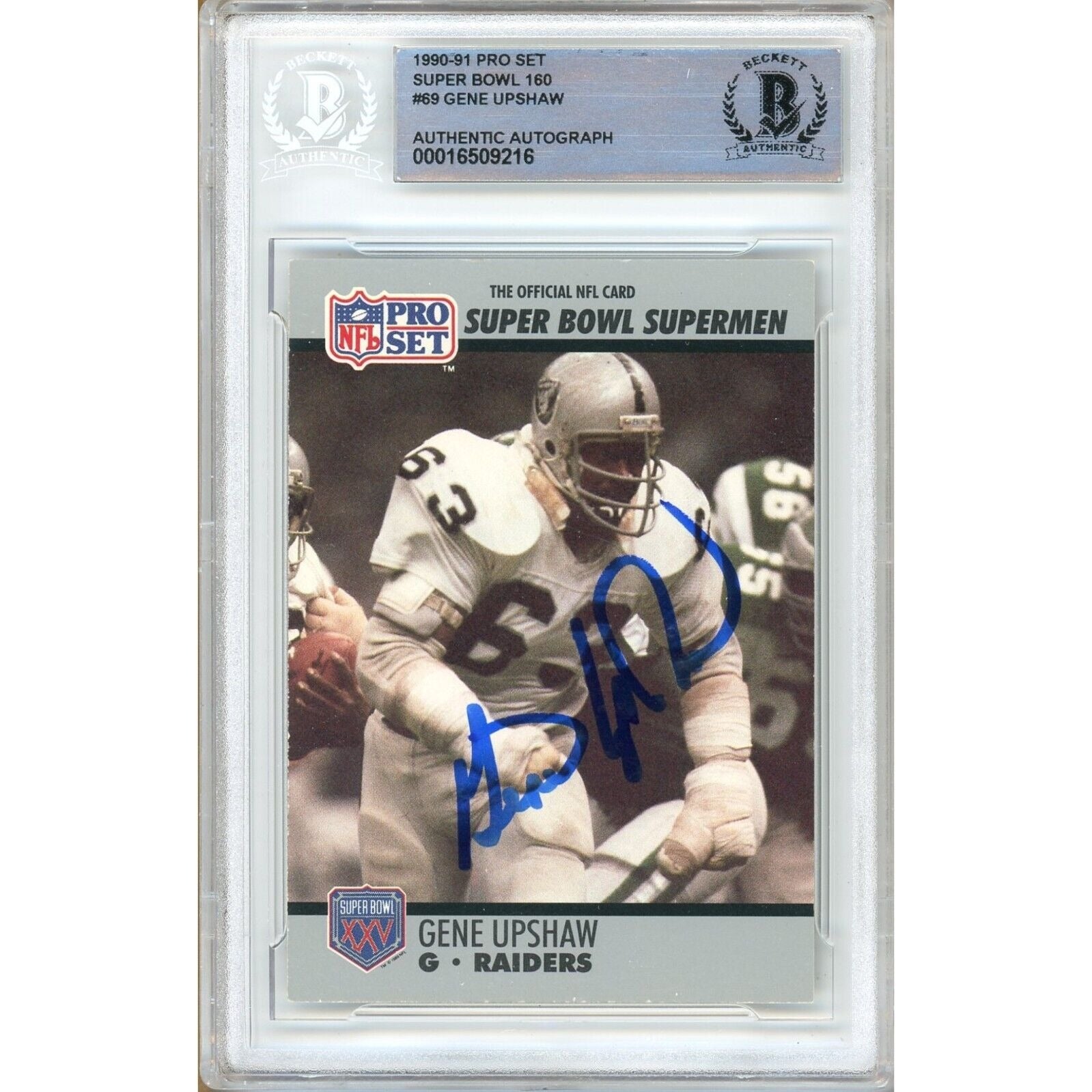 Footballs- Autographed- Gene Upshaw Las Vegas Raiders 1990-91 Pro Set Super Bowl Supermen Football Card Beckett Authentic Auto Slab Front