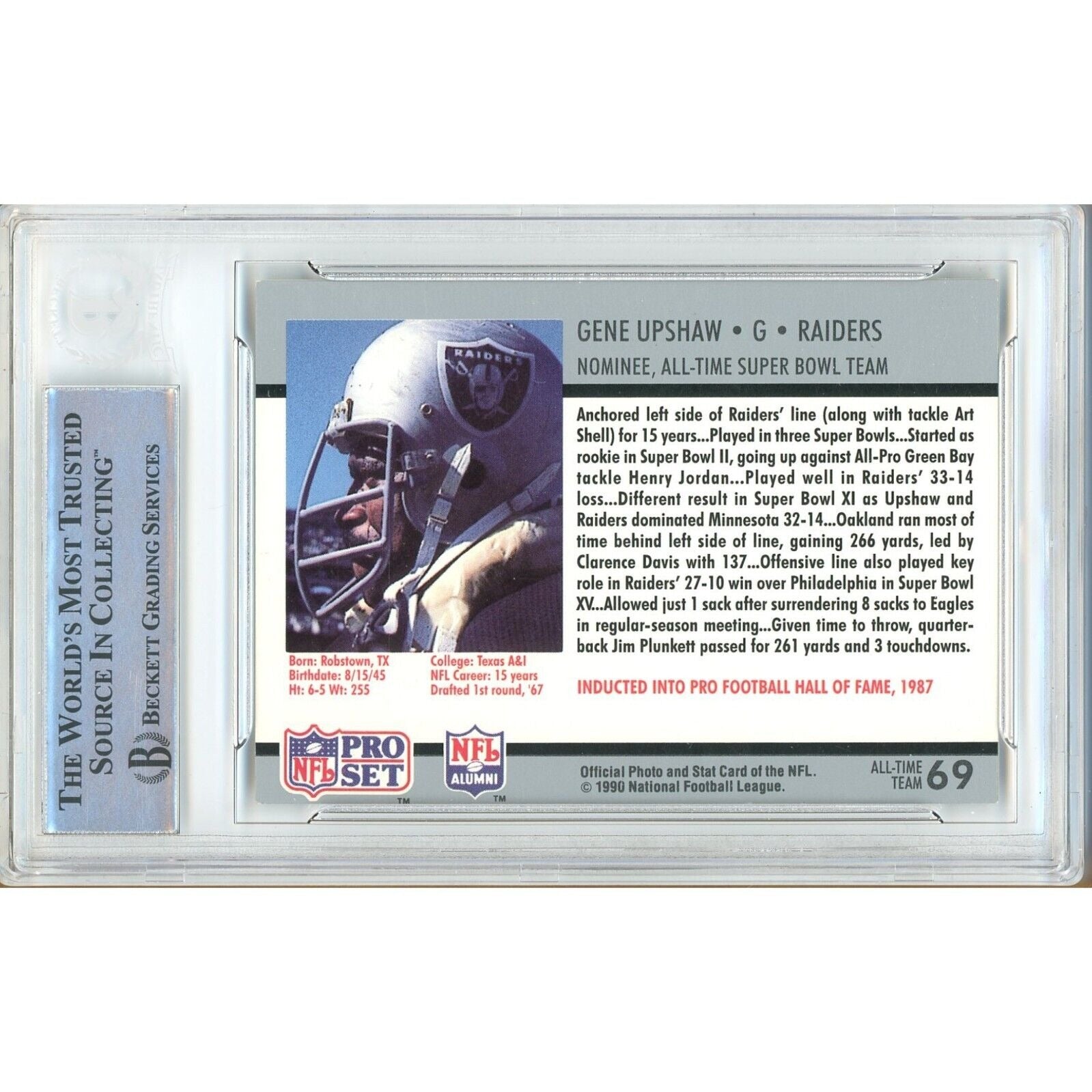 Footballs- Autographed- Gene Upshaw Las Vegas Raiders 1990-91 Pro Set Super Bowl Supermen Football Card Beckett Authentic Auto Slab Back