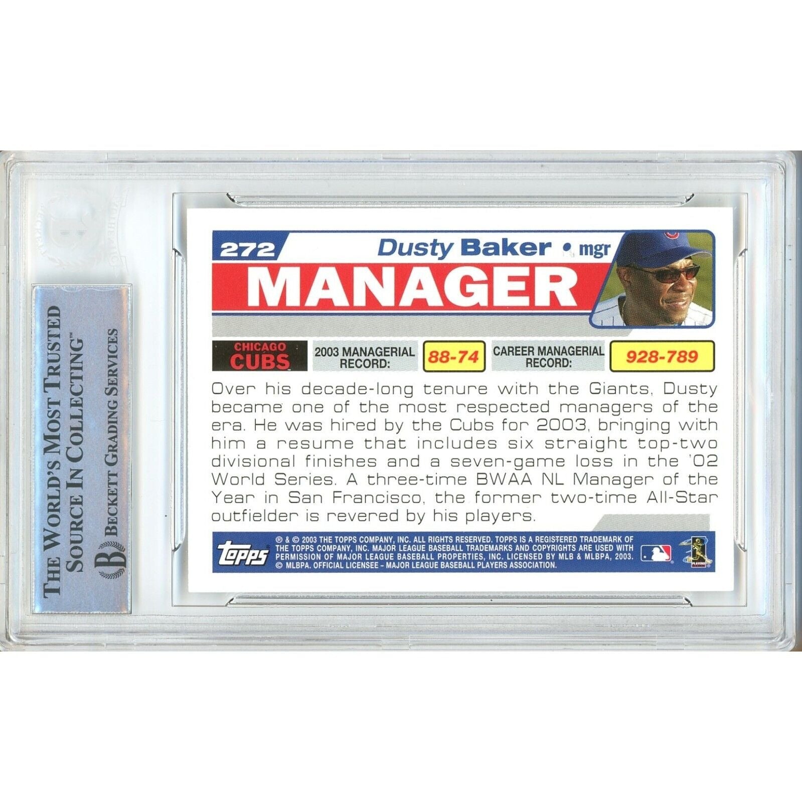 Baseballs- Autographed- Dusty Baker Chicago Cubs Signed 2004 Topps Baseball Card Beckett Authentic Auto Slab Back