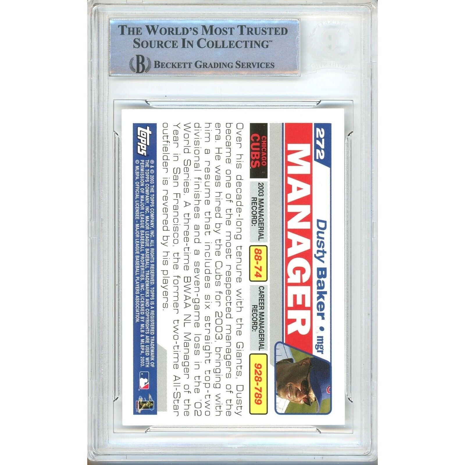 Baseballs- Autographed- Dusty Baker Chicago Cubs Signed 2004 Topps Baseball Card Beckett Authenticated Auto Slab Back