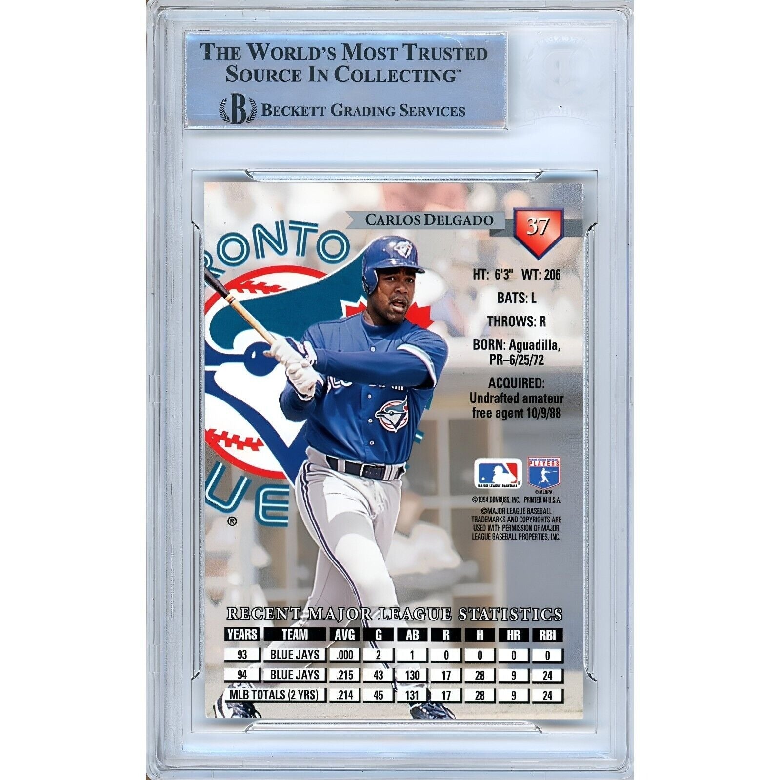 1995 Donruss #37 Carlos Delgado Toronto Blue Jays Signed Trading Card – Beckett BAS