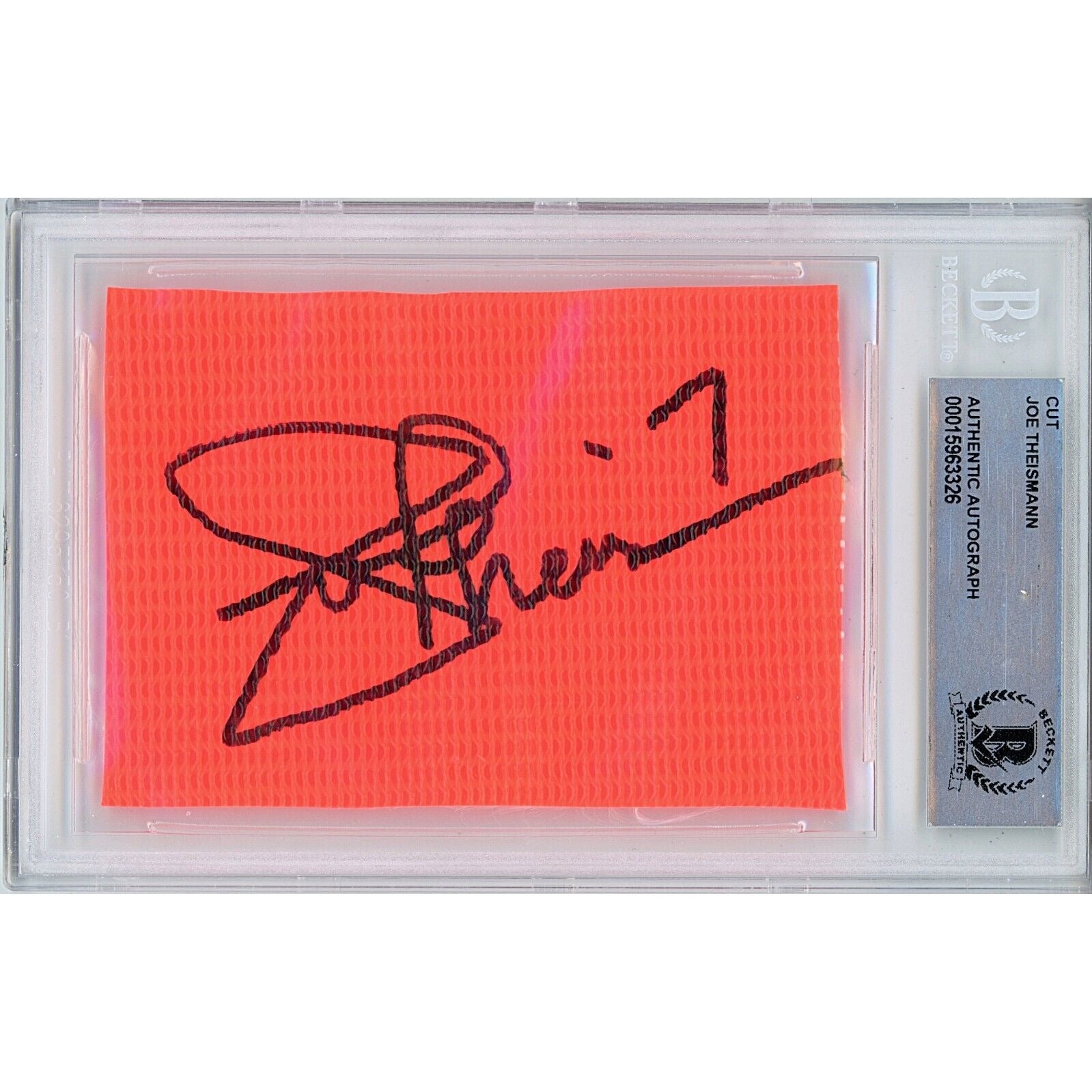 Footballs- Autographed- Joe Theismann Washington Commanders Signed Football End Zone Pylon Signature Cut Beckett Authentic Auto Slab Front