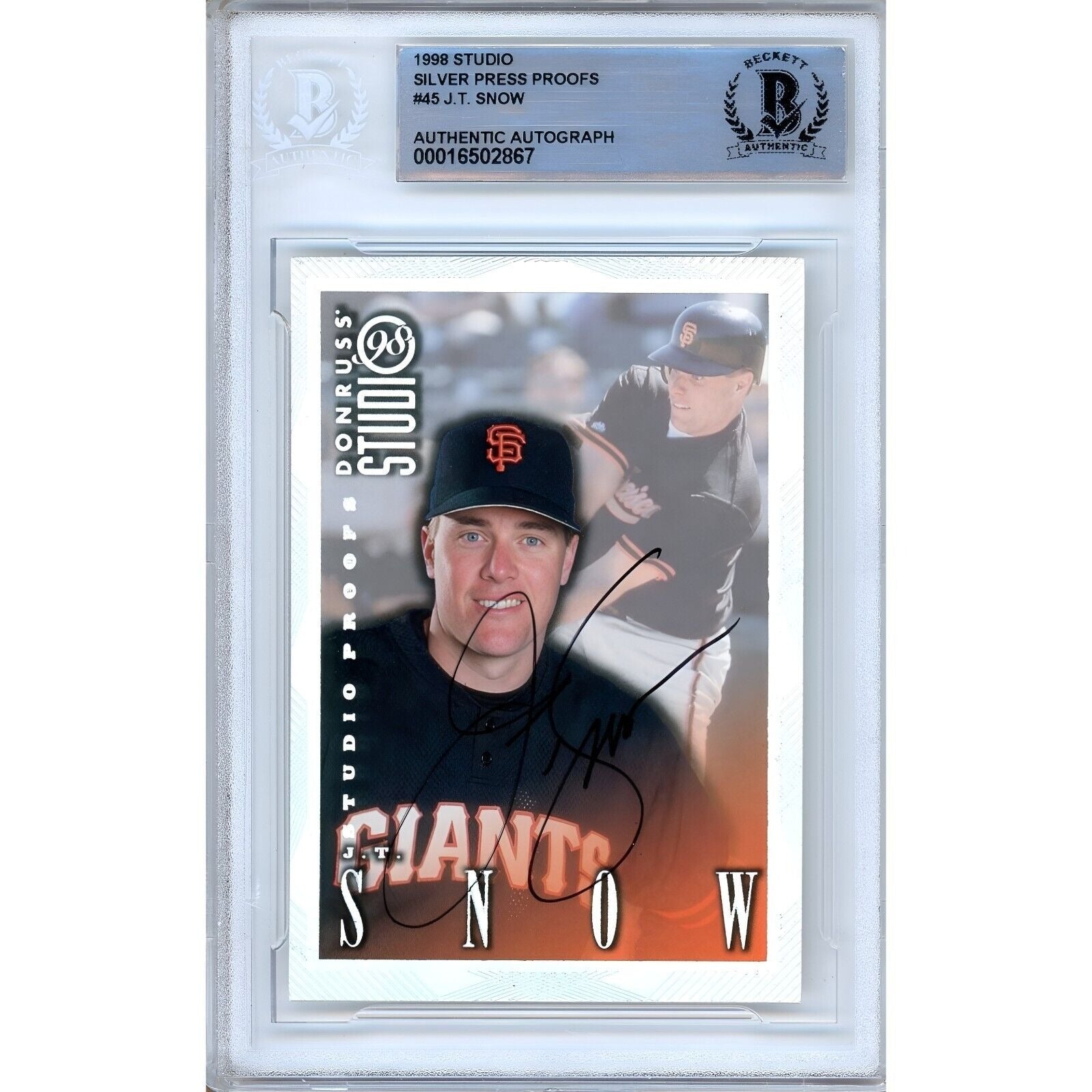 Baseballs- Autographed- JT Snow San Francisco Giants Signed 1998 Donruss Studio Press Proofs Insert Baseball Card Beckett Authentic Auto Slab Front