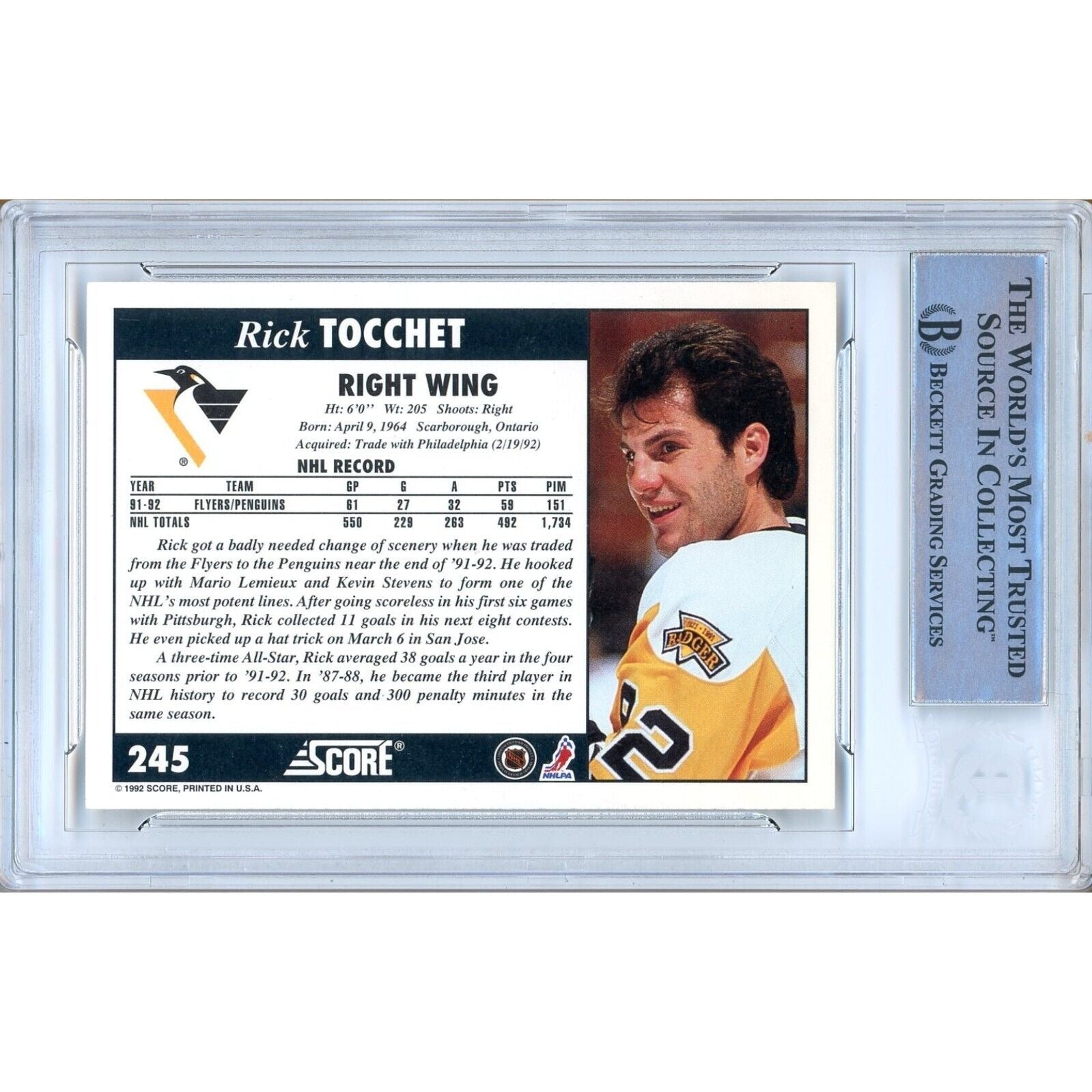 Hockey- Autographed- Rick Tocchet Pittsburgh Penguins Signed 1992-93 Score Ice Hockey Card Beckett Authentic Auto Slab Back