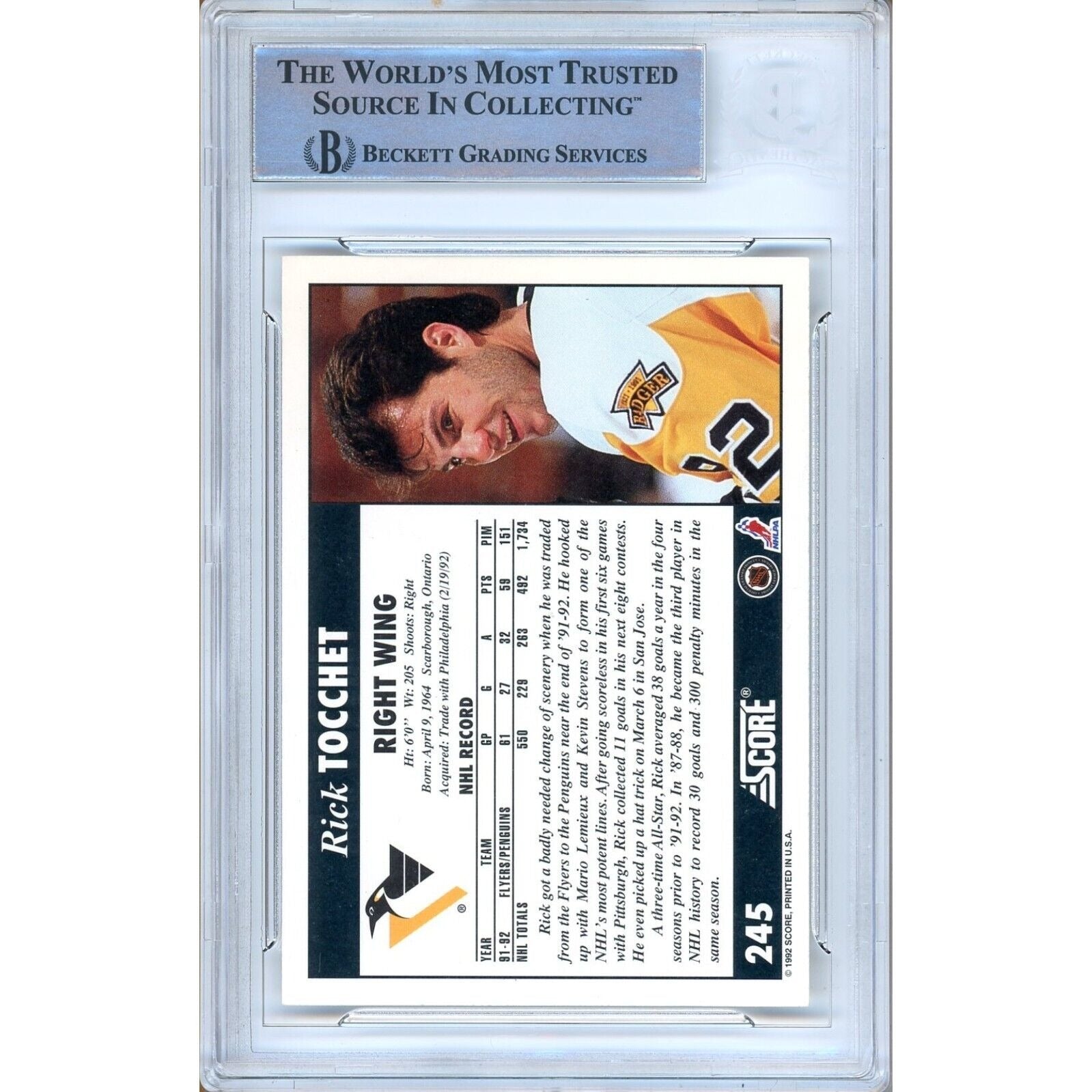 Hockey- Autographed- Rick Tocchet Pittsburgh Penguins Signed 1992-93 Score Ice Hockey Card Beckett Authenticated Auto Slab Back