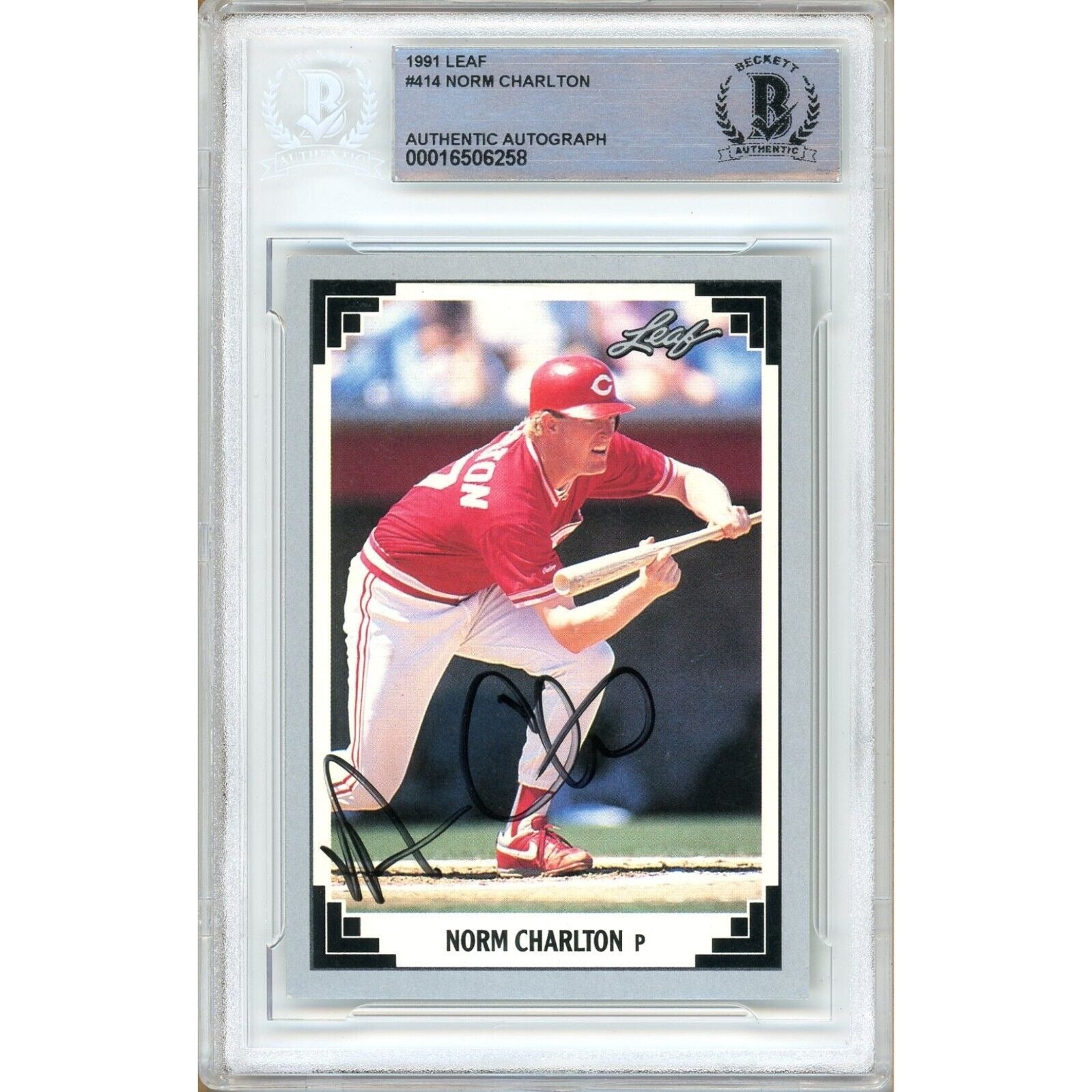 Norm Charlton Cincinnati Reds autographed trading card – full view – Beckett COA