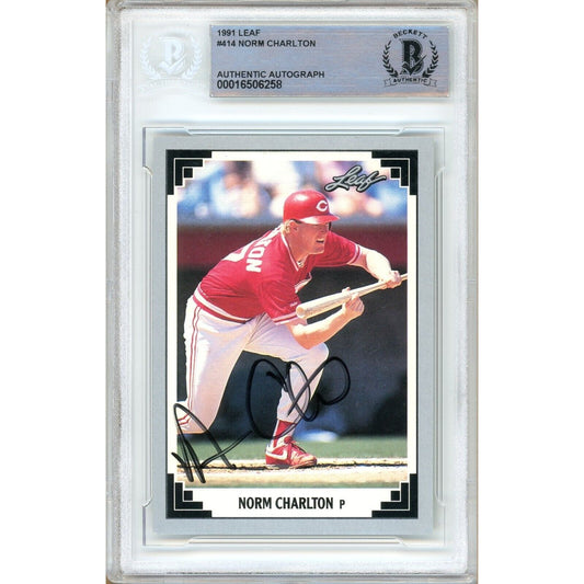 Baseballs- Autographed- Norm Charlton Cincinnati Reds Signed 1990 Leaf Baseball Card Beckett Authentic Auto Slab Front