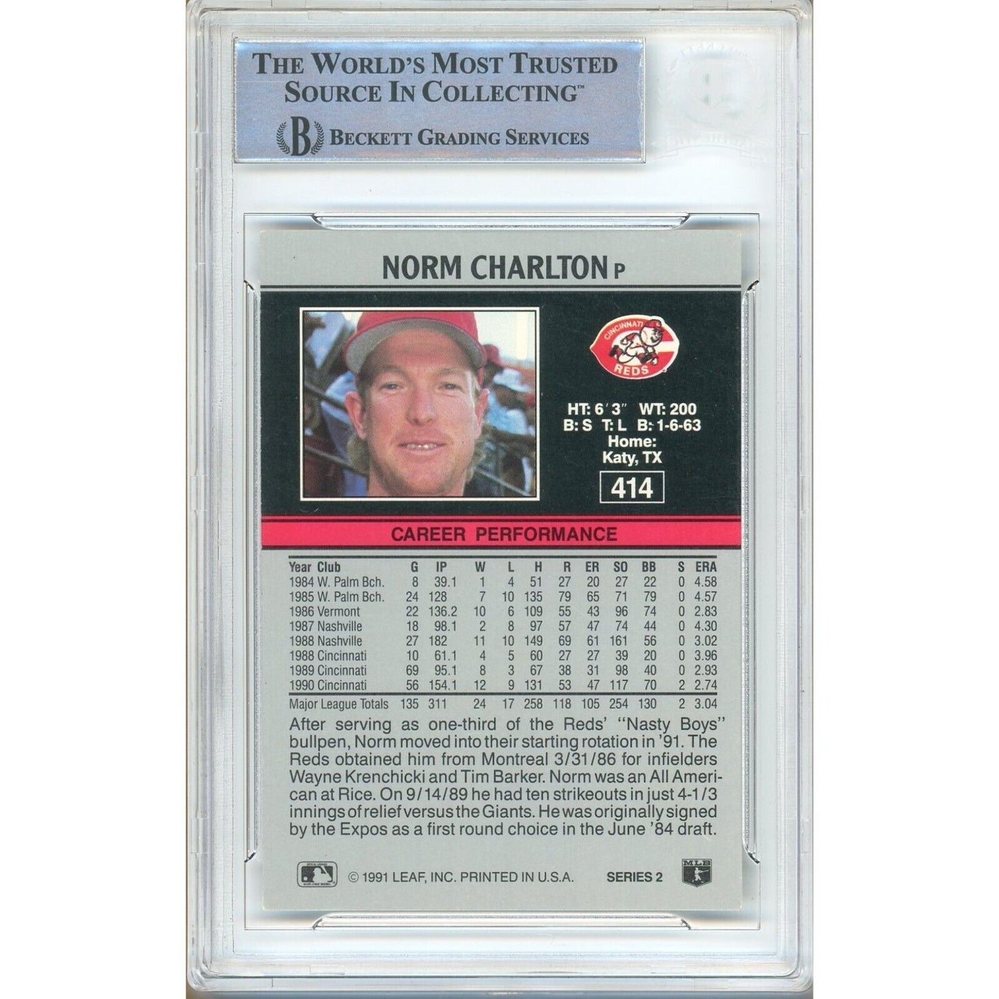 Baseballs- Autographed- Norm Charlton Cincinnati Reds Signed 1990 Leaf Baseball Card Beckett Authentic Auto Slab Back