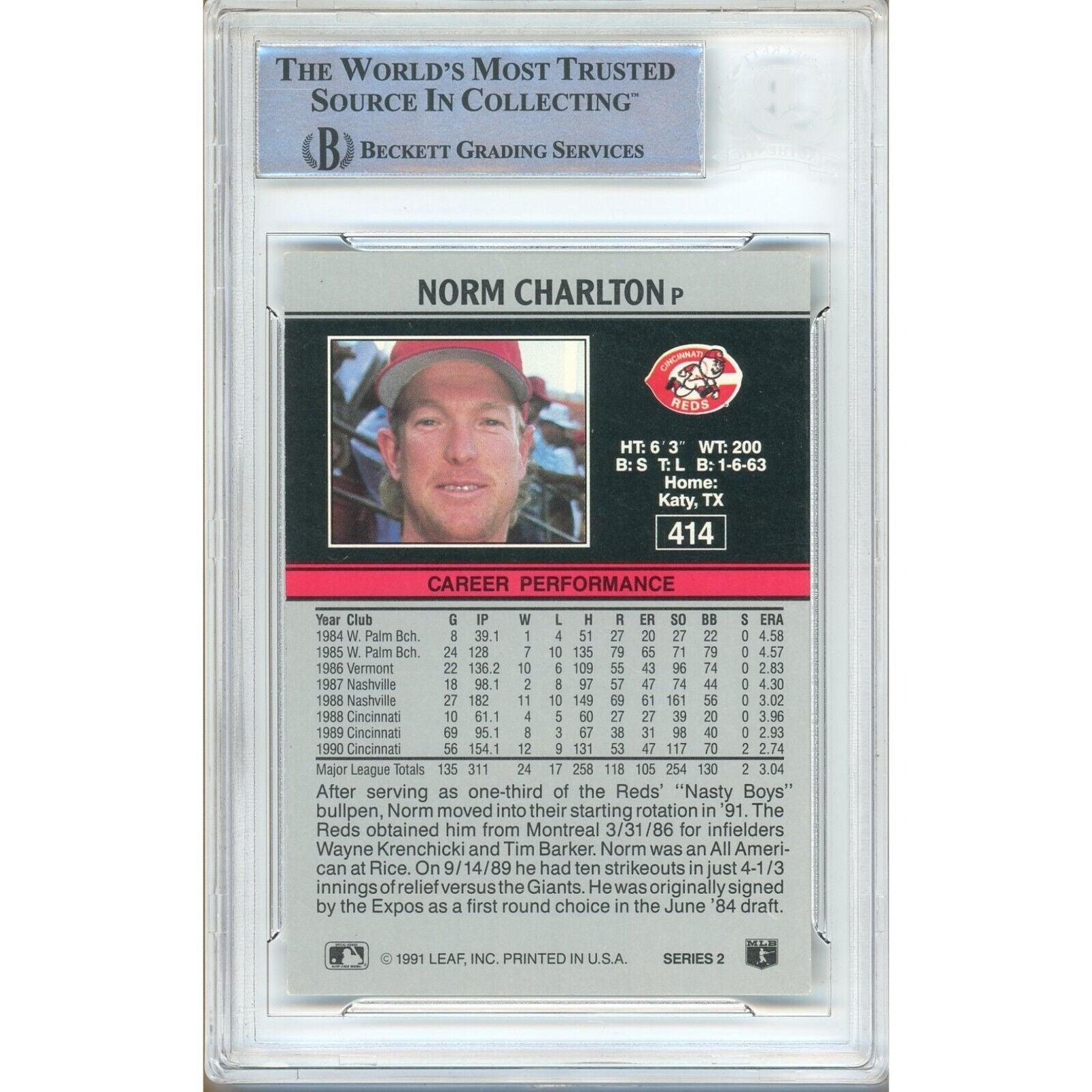 Norm Charlton Cincinnati Reds Signed Trading Card Beckett BAS
