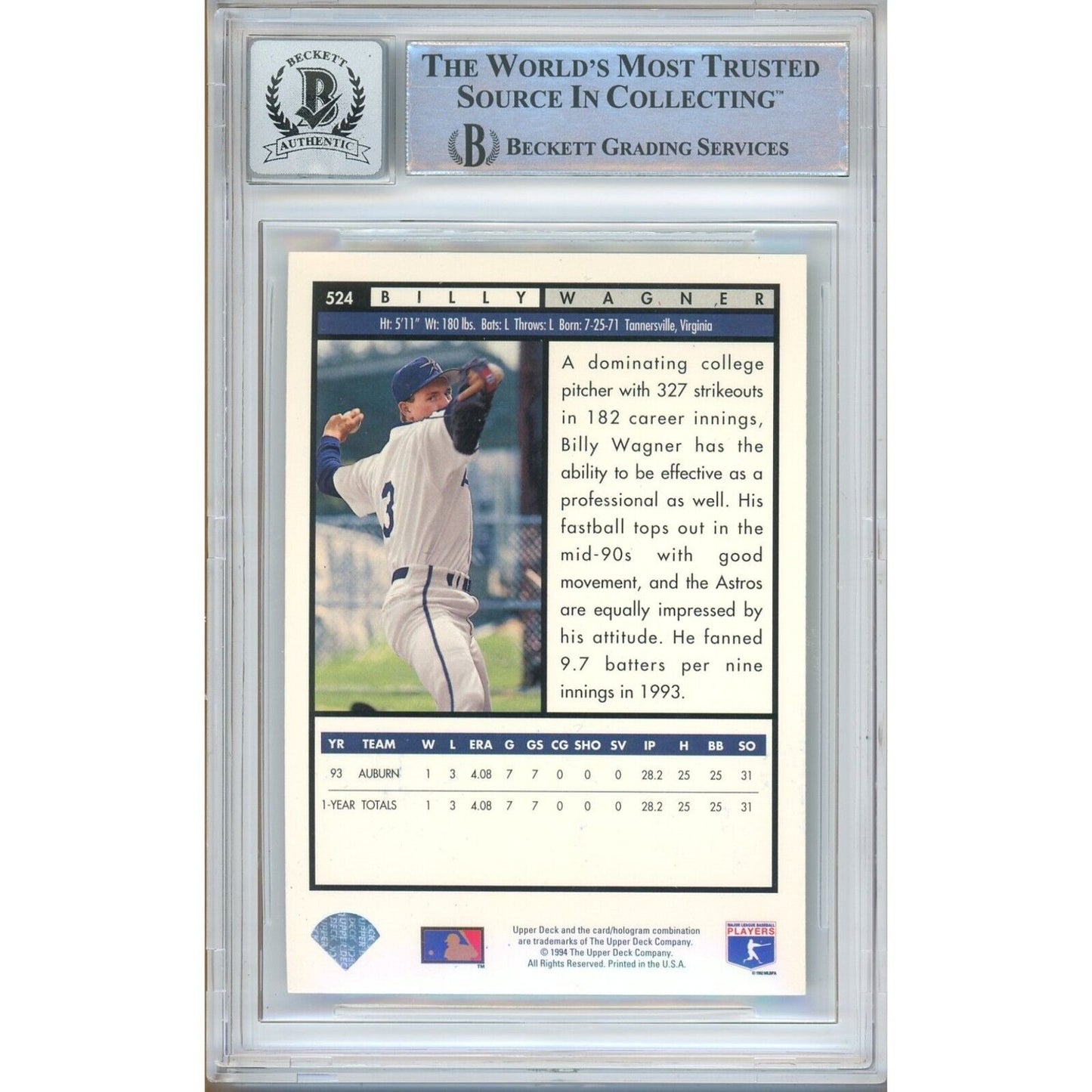 Baseballs- Autographed- Billy Wagner Houston Astros Signed 1994 Upper Deck Electric Diamond Baseball Card Beckett Authentic BGS Auto-10 Graded Slab Back